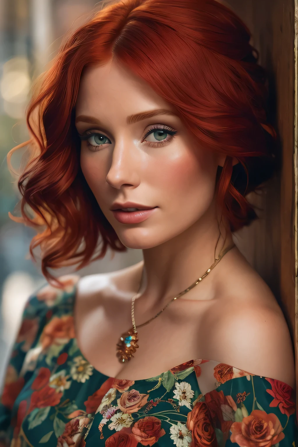 Beautiful redhead girl, Bryce Dallas Howard, with dark blue and shor chanel hair (Extra long wavy red tresses), ((Portrait)), ((Detailed face:1.2)), ((detailed facial features)), (finely detailed skin), fair complexion, ,posing elegantly on flower shop, Radiating confidence, (Fashionable red dress), (Photorealistic rendering), (High resolution: 4K or above), (Sharp rendering: Retina ready), Masterpiece, (Cinematic mood), Captured using Canon EOS R6, 85mm Lens, F/1.4, Natural light, (Detailed