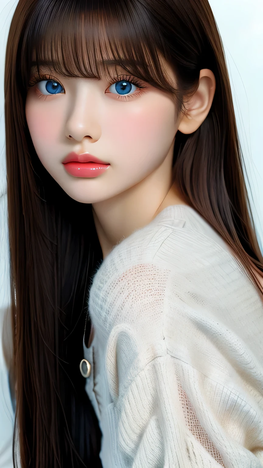 portrait、、bright expression、ponytail、young, shiny, white, Glossy skin、the best beauty、blonde reflection、Platinum blonde hair with dazzling highlights、shiny bright hair,、Super long smooth straight hair、Beautiful bangs that shine between the eyes、bright, clear, Charm, big light blue eyes、very big eyes、Very beautiful and lovely cute 13 year old girl、small face beauty、Very white, young and bright skin、cheek gloss highlight、rich bust