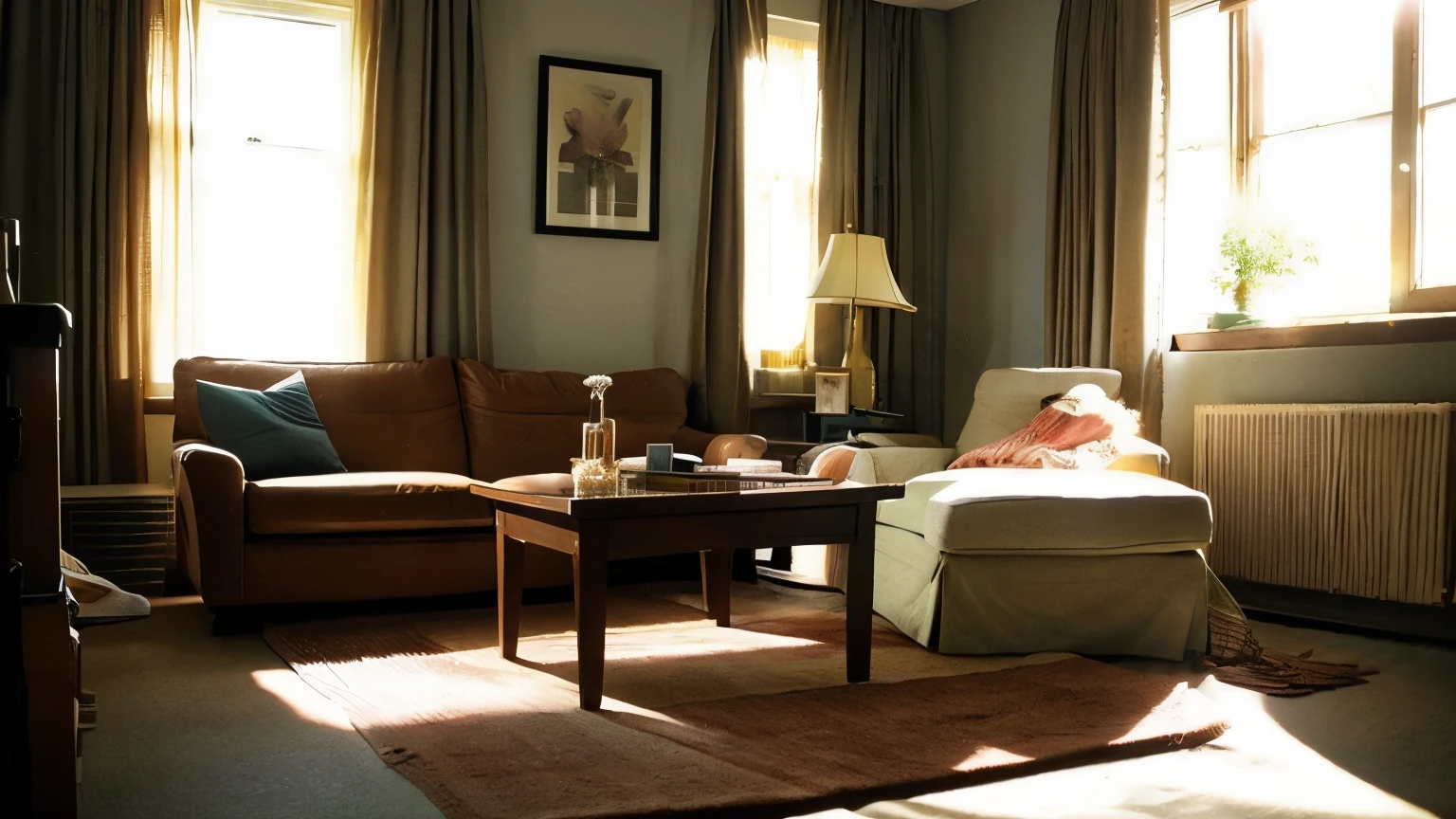 A room where the morning sun shines through the window、Coffee table、curtains swaying in the wind、Woman sitting on sofa、illustration style