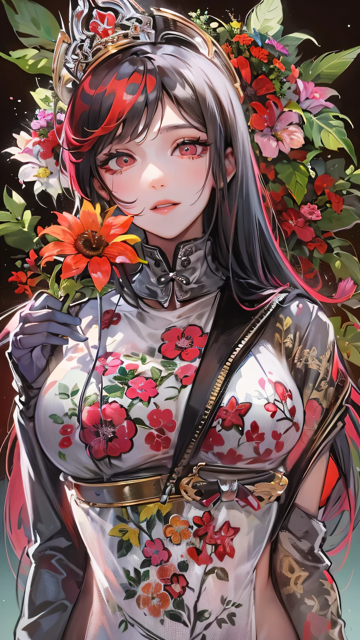 perfect anatomy, masterpiece:1.4, best quality, 8k, beautiful detailed grow, daydreaming expression, (punk girl style) (in a punk and detailed red one-piece) (solo straight black hair long hair femdom cute girl, 17 yo, detailed sexy red eyes, sexy smile, bigboobs), break, in the flower arrangement.