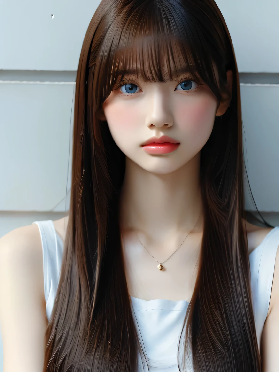 super long straight hair、Long bangs on the face,、Blonde girl posing in white top、real girls、16 year old girl、beautiful platinum blonde girl、beautiful big blue eyes、cheek gloss highlight、very white skin、bright look、lean forward