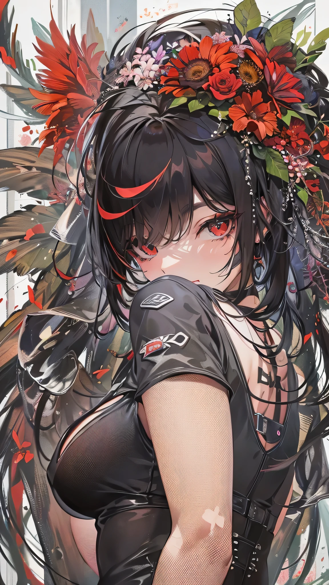 perfect anatomy, masterpiece:1.4, best quality, 8k, beautiful detailed grow, daydreaming expression, (punk girl style) (in a punk and detailed red one-piece) (solo straight black hair long hair femdom cute girl,  yo, detailed sexy red eyes, sexy smile, bigboobs), break, in the flower arrangement.