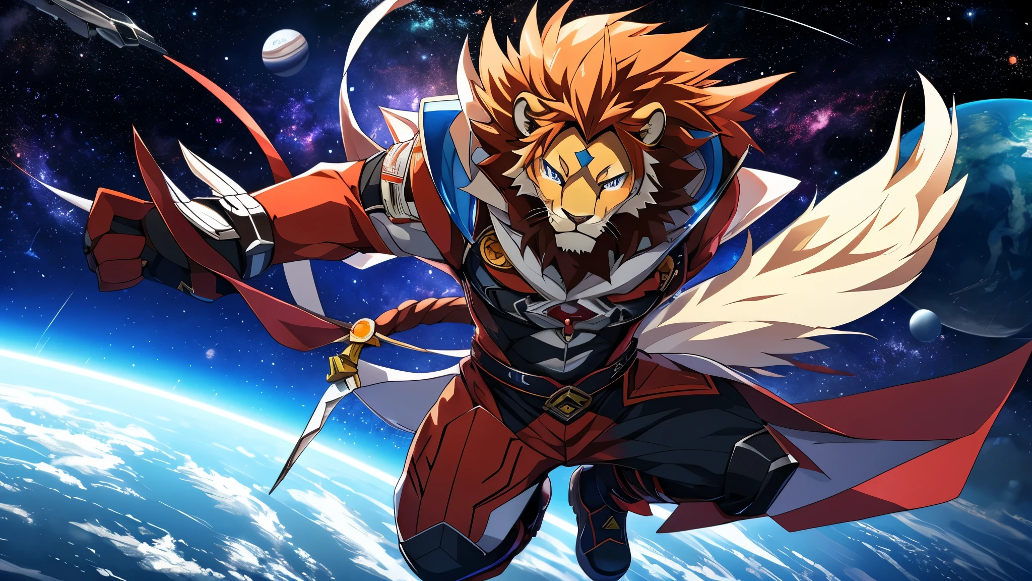 furry, male, anthro, (Lion Tail), Solo, (Realistic eye details:1.2), (beautiful detailed eyes), anime character there is a Lion man in a space setting with a planet in the background, dapper dream demon, best anime 4k konachan wallpaper, official artwork, gurren lagann, guilty gear strive splash art, anime style 4 k, key anime art, badass anime 8 k, high detailed official artwork, pixiv contest winner, cyber space cowboy, shigenori soejima illustration, full body like, slim body, in a panoramic view, good looking, splash art, anime style, 8k, 4k anime wallpaper, anime art wallpaper 8 k, 2 d art, 2d art, badass anime 8 k, anime art wallpaper 4k, detail art