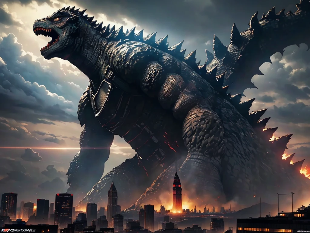 (giant monster,monster:1.1,Godzilla:1.1) saving (girl:1.1) from (aliens:1.1), (dramatic,action-packed:1.1) scene,(destructive:b1.2) fight, (ruined:b1.2) cityscape, (desperate:b0.9) (screams,calls for help), cinematic (vfx,visual effects),(epic:b1.1) (dust,smoke) clouds, intense (lighting:1.1) effects, (dynamic:b1.1) (camera angles:1.1),(detailed:1.1) (facial expression:1.1) of (Godzilla:1.1), (fearful:0.9) (face:1.1) of the (girl:1.1), (dynamic:b1.1) (pose:1.1) of (Godzilla:1.1), (tall skyscrapers,damaged buildings:b1.3),(highres,HDR:1.1) image,(vivid:b1.1) colors, (dark,brooding:1.1) (atmosphere:1.1)