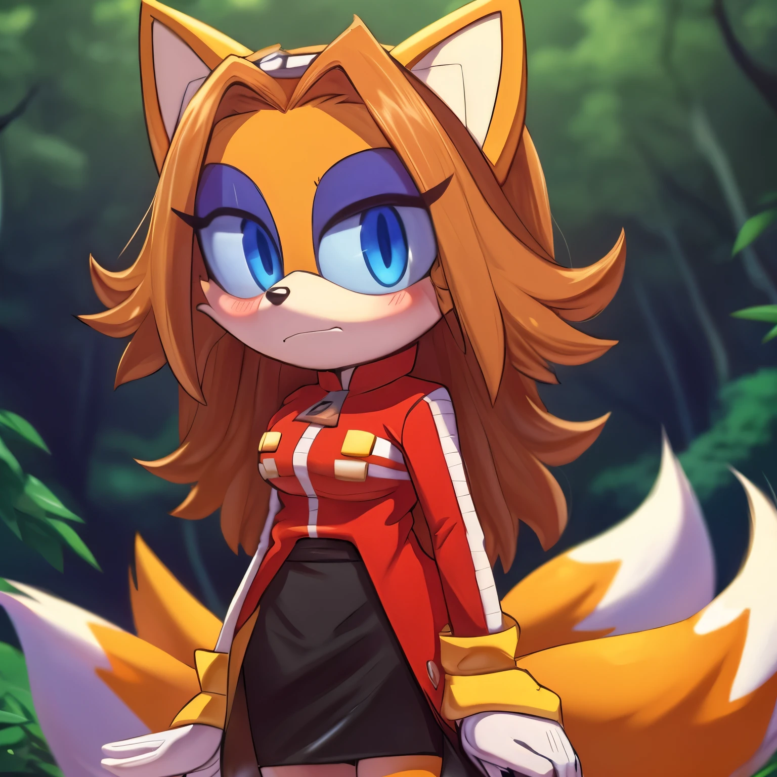 score_9, score_8_up, score_7_up, ((Masterpiece)), high quality, studio quality, 1girl, (((Tails the Fox but Female))), Female, Mobian, Fox, light yellow fur, light yellow hair, light blue eyes, Eggman cosplay, Eggma’am cosplay, Eggma’am outfit, red jacket, black or grey skirt, looking at viewer, blush, forest, lower back length hair, long hair, hair bangs, tired, slightly depressed
