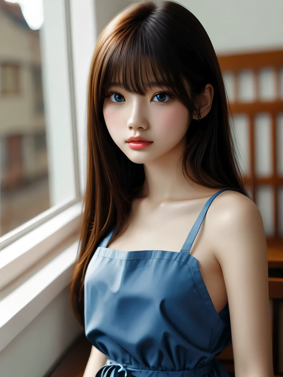 photorealism、highest quality、超A high resolution、picture、very beautiful nordic girl photo、cute and beautiful face details、(Pueros face_V1:0.008)、beautiful bangs、alice in wonderland、14 years、Brilliant white skin、bangs between eyes、super long hair、Charming platinum blonde super long straight silky hair、Attractive and shining beautiful light blue big eyes、white apron、blue dress、eyeliner、double eyelid、rich bust