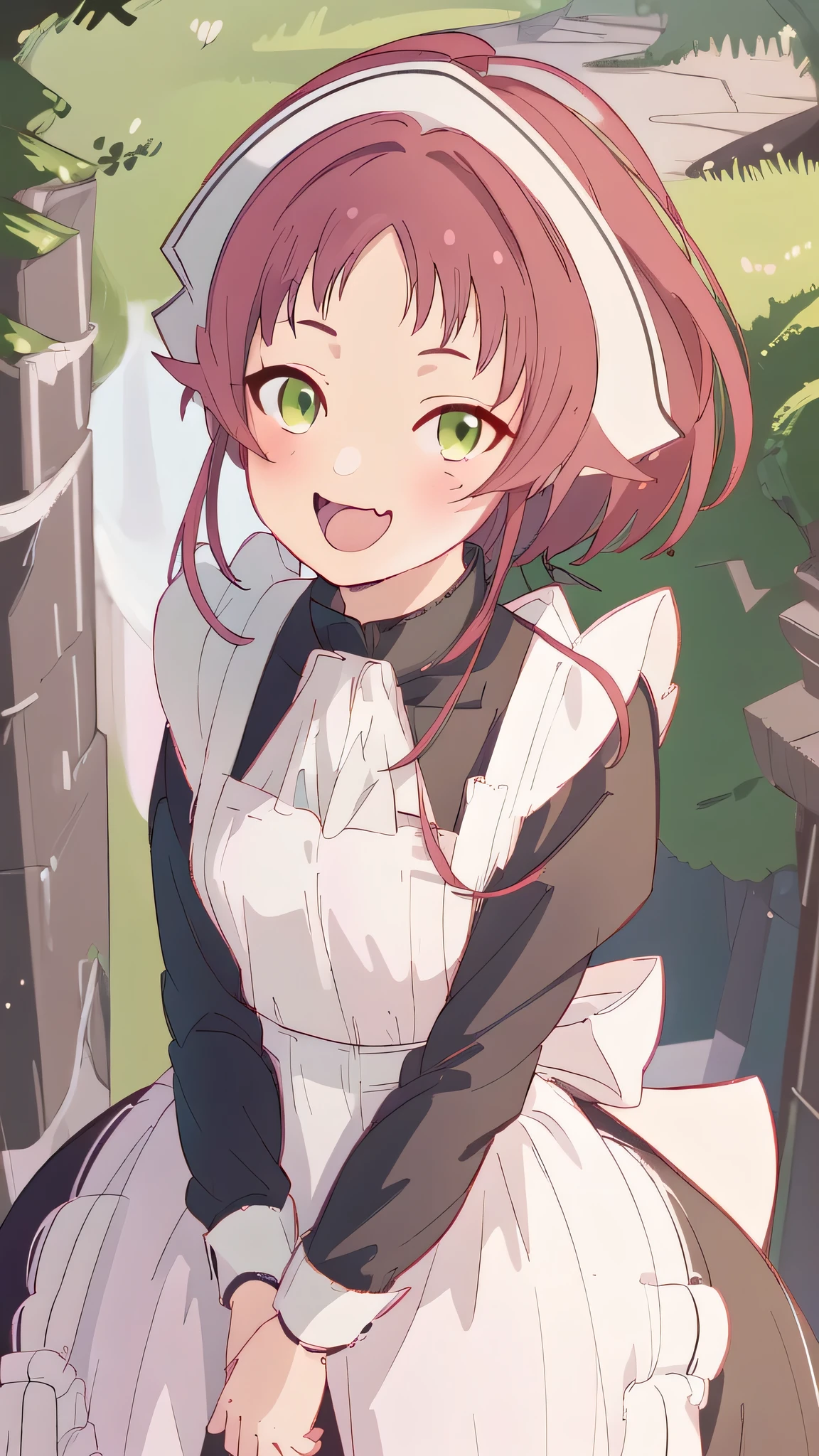 1 girl ,smug , maid, standing, age 11 ,  best quality, (masterpiece:1.2) detailed, aisha_greyrat, long maid outfit, black shoes , whole body, solo long sleeves , long black dress past knee, white tights, red hair, green eyes, anime style, 8k wallpaper, ultra detailed, vibrant colors, perfect anime, detailed hands, detailed fingers, detailed hair

