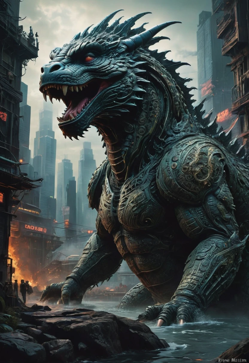 Godzilla, by Jeff Easley, best quality, masterpiece, very aesthetic, perfect composition, intricate details, ultra-detailed