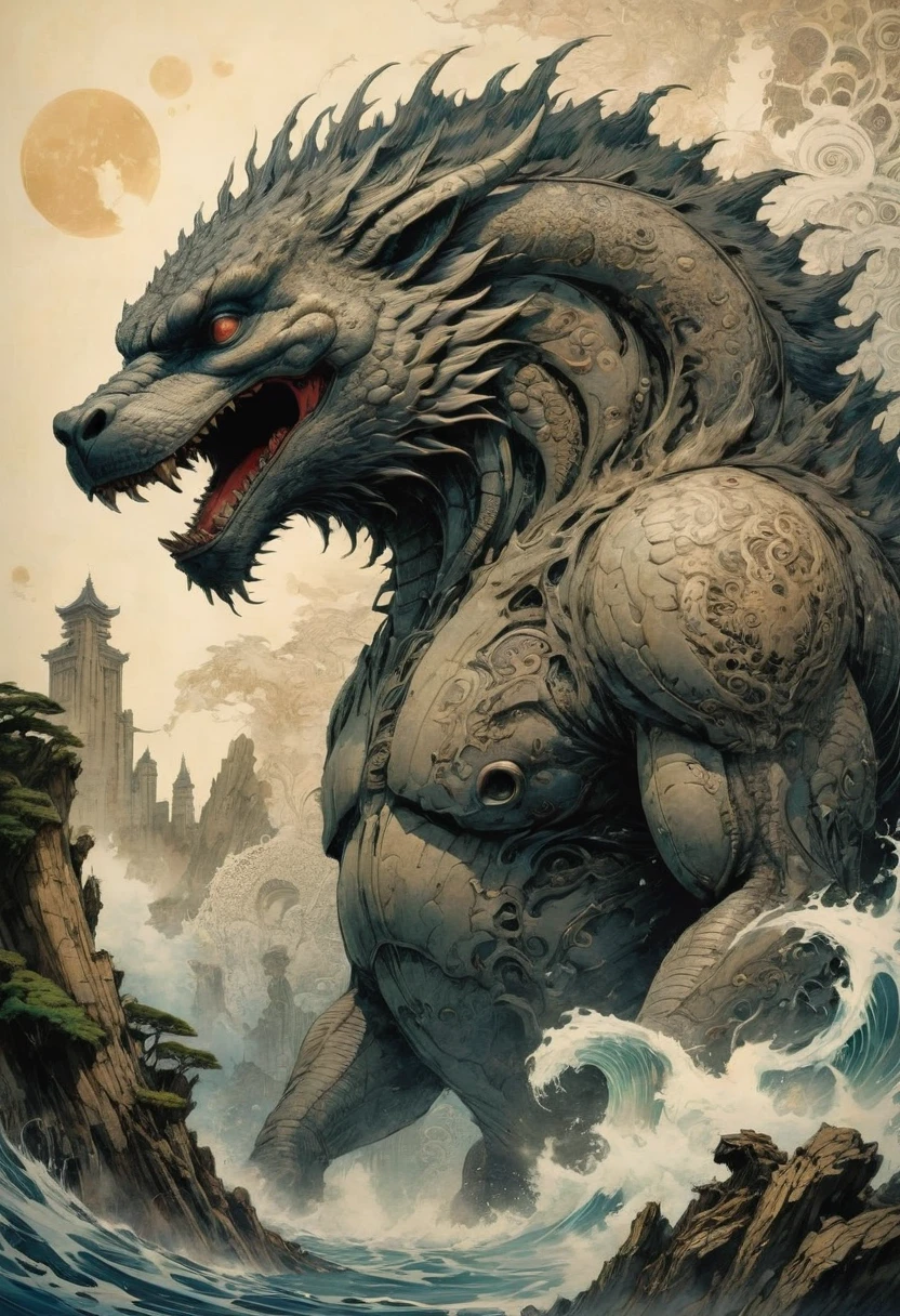 Godzilla, by Jeff Easley, best quality, masterpiece, very aesthetic, perfect composition, intricate details, ultra-detailed