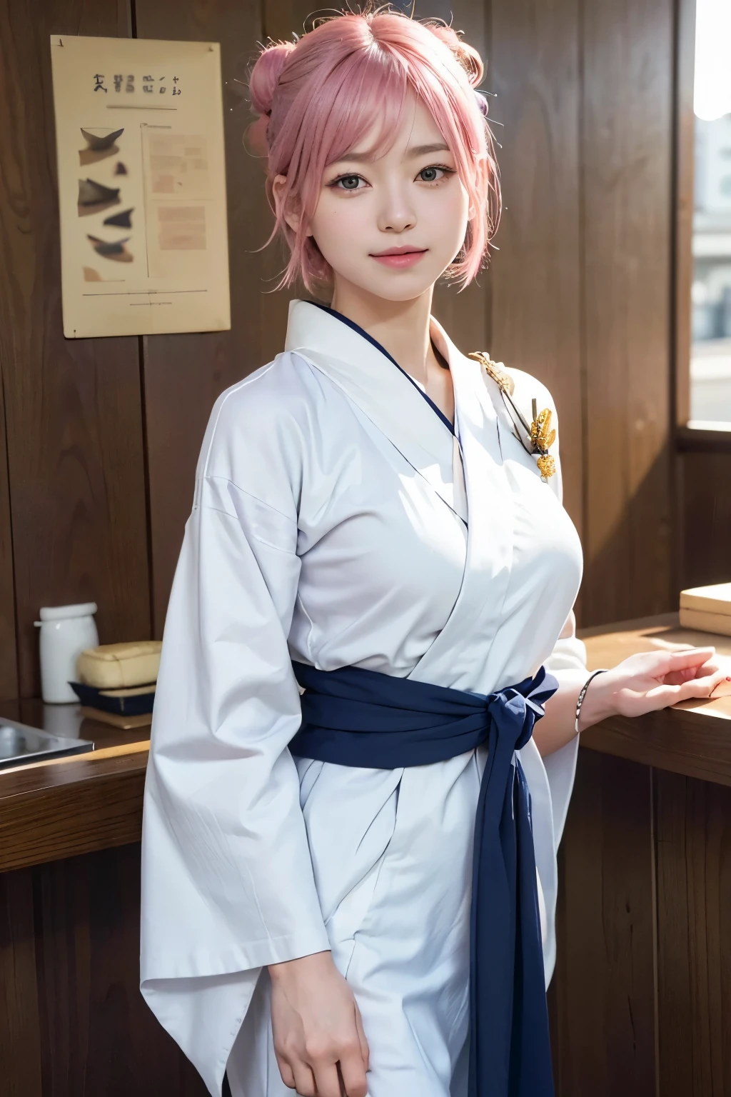 (8K, highest quality, masterpiece:1,2), (realistic, Photoreal:1.37), Super detailed, one girl,), (very detailed), (beautiful detailed eyes), (highest qualityの), (Super detailed ), (masterpiece), (detailed face),20-year-old, ,1 girl, ((pink hair,very short hair)), medium breasts, dressed, perfect lighting, break  (navy blue haori:1.3), (white collar:1.2), (three quarter sleeves:1.2), (white kimono:1.4), (nature motif pattern:1.2), (navy blue hakama:1.3), (Ankle length:1.2), (The hem is not too wide:1.2), (white obi:1.4), (simple knot:1.2), (white foot bag:1.2), (Black geta:1.2), (low height:1.2), (Easy to walk:1.2), (bun hair:1.2), (hair ornaments:1.2), (Flowers and strips of paper:1.2), break bun hair, Flowers and strips of paper hair ornaments, smile, friendly, looking at camera, hold soba with right hand, Holding chopsticks with left hand, Do not put sauce on soba, In front of the soba shop counter, Wall with menu and photos, Natural light, soft shadow on the face

