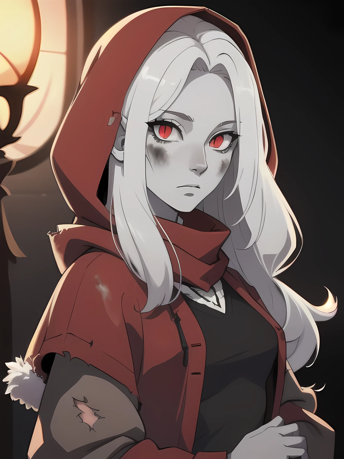 Character design sheet, same character, front, side, back), Masterpiece, best quality, 8k, dramatic lighting, 1girl, (((colorless skin, white skin))), white hair, solo, (long hair, straight hair), expressive eyes, intense expression, crazy eyes, red eyes, snake eyes, pointed ears, red eyeliner, looking at viewer, black leather vest, red hair streaks, dark background, upper body, small breasts, albino,(mature female, eye wrinkles), ((ragged clothes, long sleeve , torn clothes, dark gray clothes, red wool scarf, fur lined hood, wearing rags, red cloak)), ((dirty clothes))