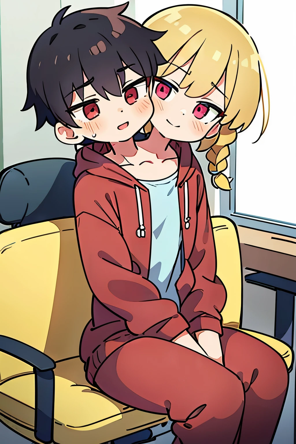 (2heads:1.3), (1boy:1.4), short curly black hair on male, long blonde hair on female, male female couple, red eyes, black hair, pink hair, braid, long hair, (handsome:1.5), (masculine:1.5), (masterpiece), (high quality), (best resolution), smile, bedroom, beautiful background, sitting in office chair, pink and blue hoodie, sweatpants, wide hips, thick thighs, (masculine chest)
