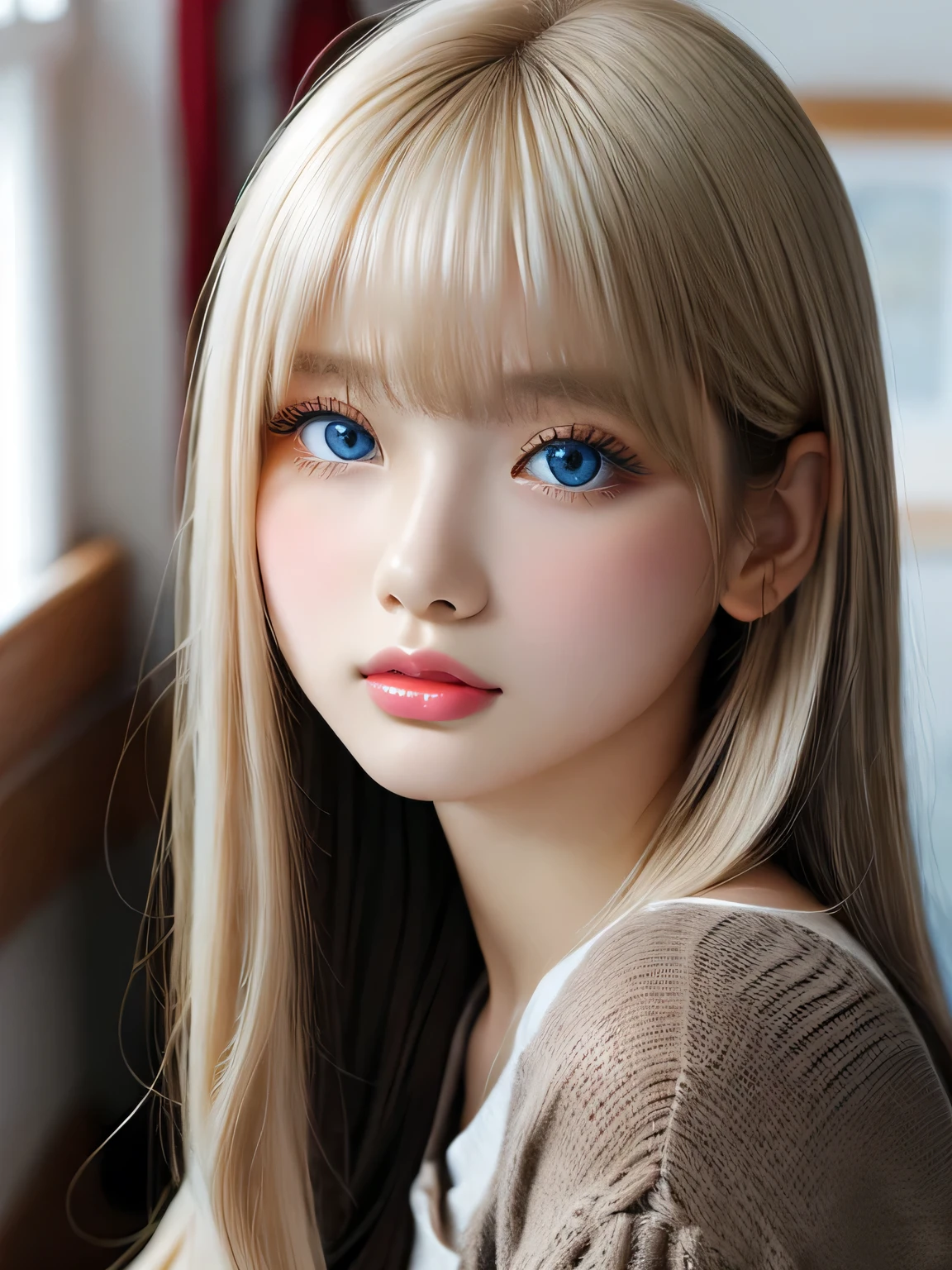 very beautiful face、small face beauty、((Super long silky platinum blonde hair that sparkles with gold))、hair play、Long bangs on the face、-yeld cubeautiful girl、white and beautiful skin、glowing skin、cheek gloss、gross face、bright, Light marine blue eyes shine、Big eyes、With a round face、beautiful face、big breasts、