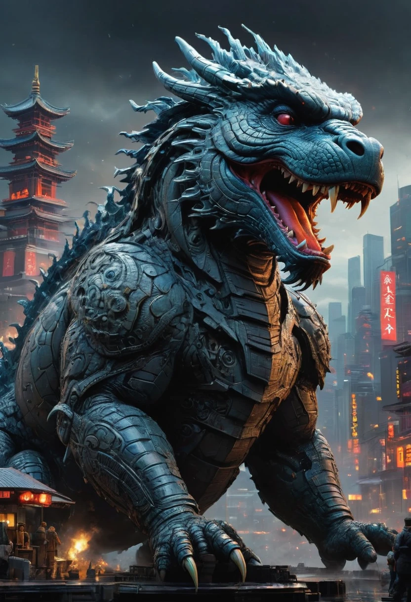 Godzilla, by Jeff Easley, best quality, masterpiece, very aesthetic, perfect composition, intricate details, ultra-detailed