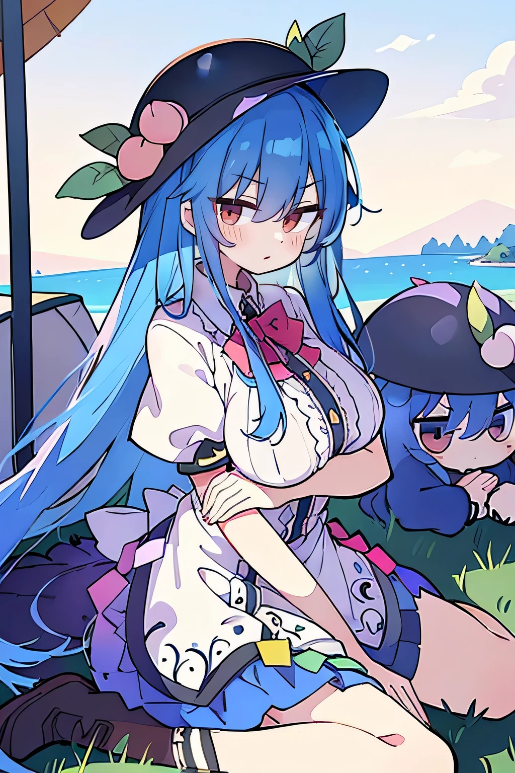 (masterpiece),best quality, expressive eyes, perfect face,w sitting, w sitting on ground, legs on ground, 1girl,
big breast, H-cup, good breast, crossing arms, beautiful, gorgeous,anime,girl,lora,hinanawi tenshi, blue hair, blue haired,tent , tent chest, tent breast, floating clothes