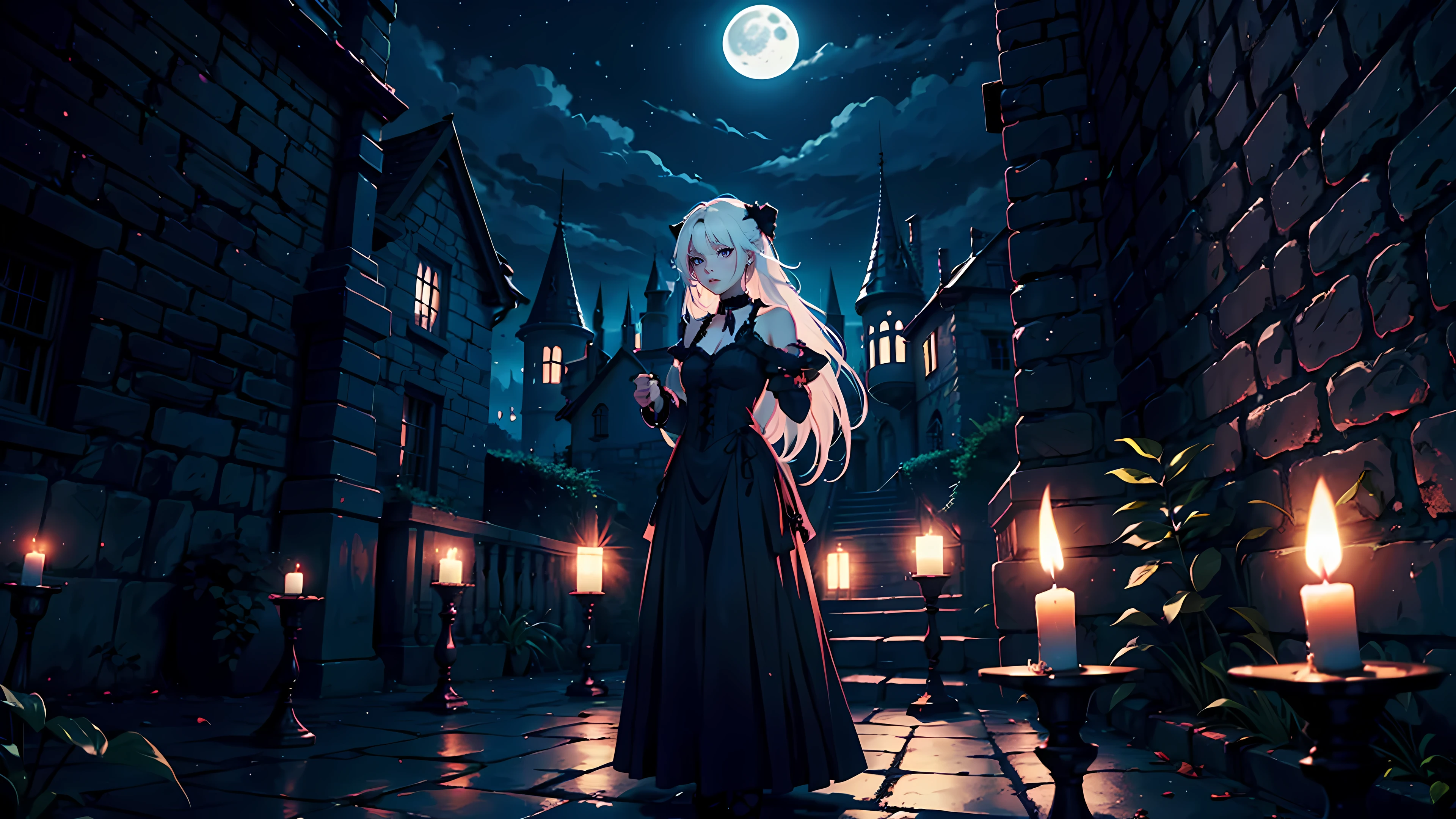 ((1girl)), long white hair, choker collar, bracelets, long dress, standing, gothic castle, dungeon, night, nighttime, moon, moonlight, candles, candlelight, dramatic lighting, cinematic lighting,