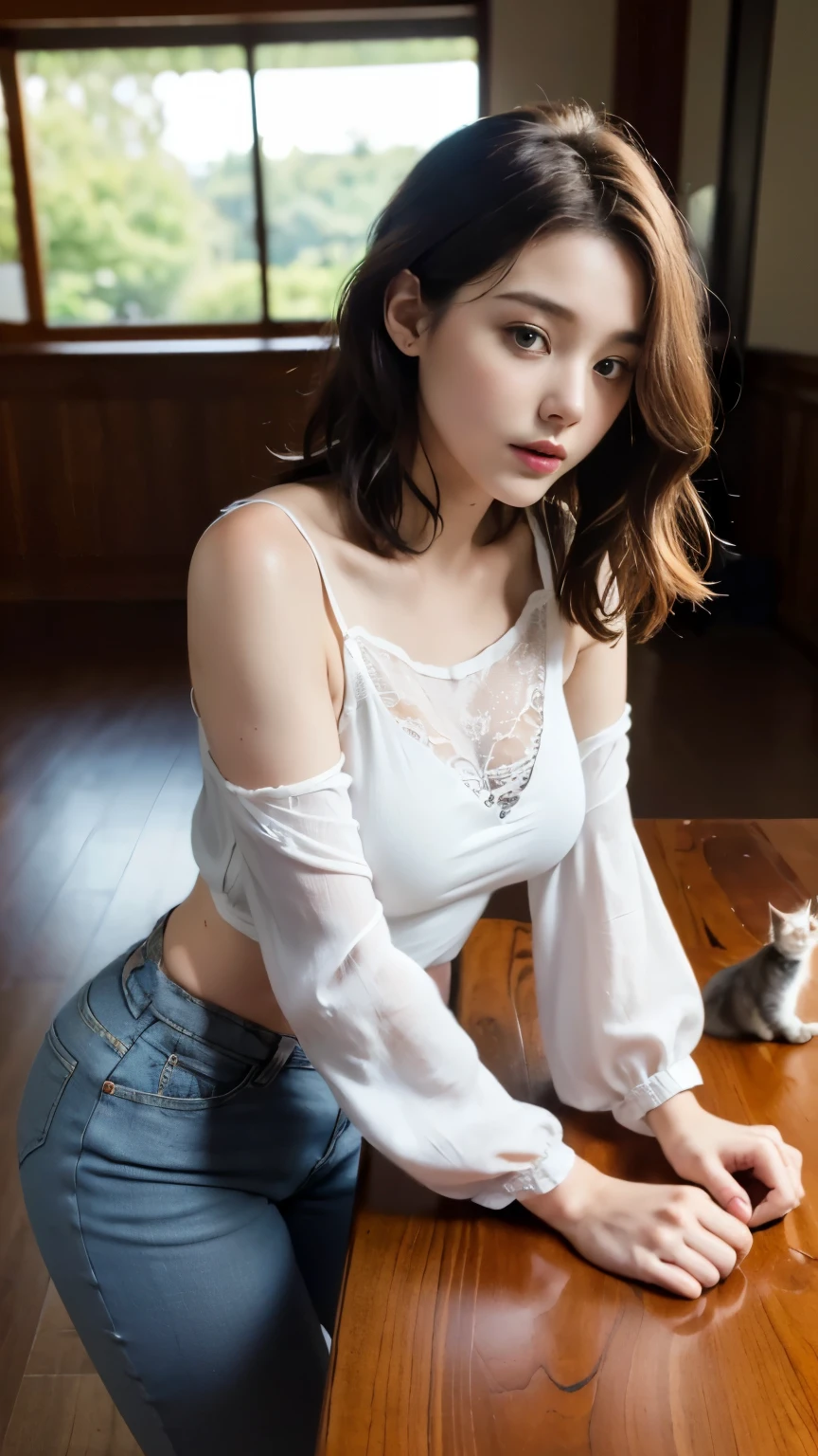 (((best quality, 8 thousand, masterpiece:1.4)), (20 year old woman), masterpiece, distinct, highres, high_quality, wide_shot, small_face, absurdly_short_hair, female, sagging_breasts, balancing, stretching, gentle_face, bare_shoulders, center_opening, downblouse, (brown wavy very long hair), (take a cat pose), (Huge, saggy breasts), in lace bed, Shy, tight pants, crawling, (table top posture:1.3),