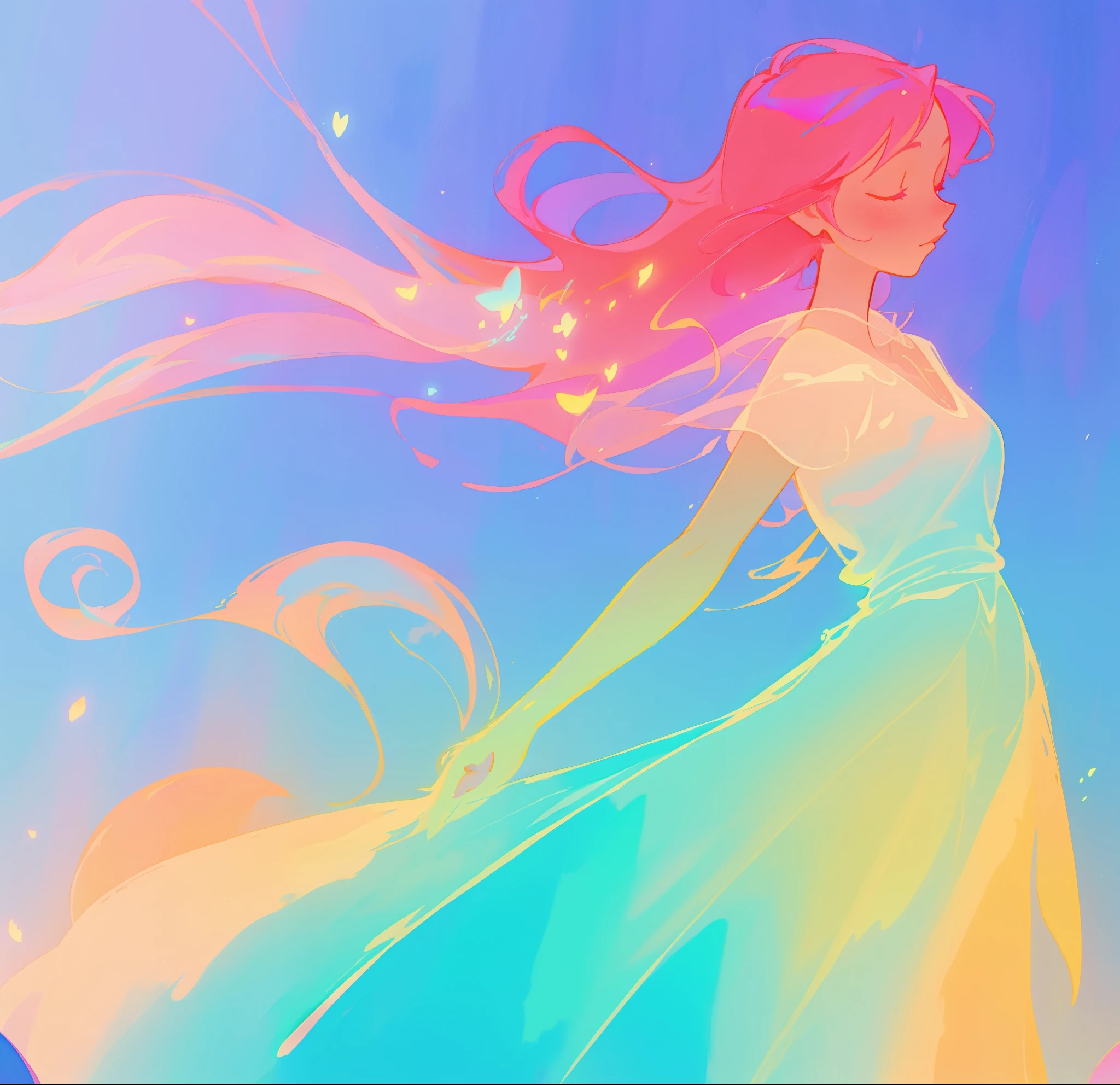 beautiful girl in flowing multi-color gradient dress, long flowing colorful pink hair, watercolor illustration, inspired by Glen Keane, inspired by Lois van Baarle, disney art style, by Lois van Baarle, glowing aura around her, by Glen Keane, jen bartel, glowing lights! digital painting, flowing glowing hair, glowing flowing hair, beautiful digital illustration, fantasia otherworldly landscape plants flowers, beautiful, masterpiece, best quality, anime disney style