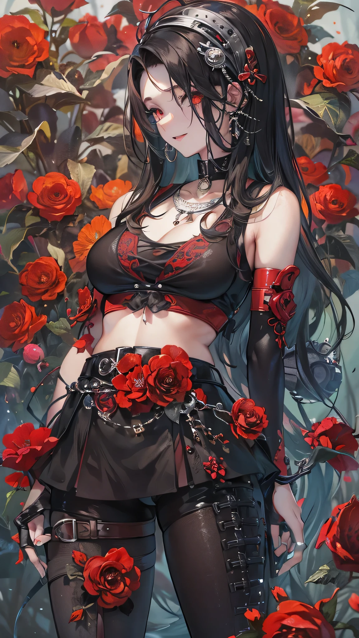 perfect anatomy, masterpiece:1.4, best quality, 8k, beautiful detailed grow, daydreaming expression, full body (punk:1.3 girl style) (in a punk red one-piece) (solo straight black hair long hair femdom cute girl, 17 yo, detailed sexy red eyes, sexy smile, bigboobs), break, in the flower arrangement.