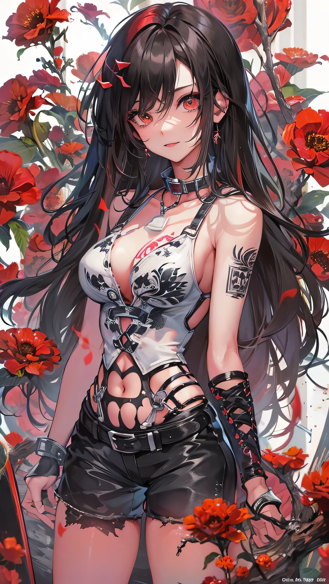 perfect anatomy, masterpiece:1.4, best quality, 8k, beautiful detailed grow, daydreaming expression, full body (punk:1.3 girl style) (in a punk red one-piece) (solo straight black hair long hair femdom cute girl, 17 yo, detailed sexy red eyes, sexy smile, bigboobs), break, in the flower arrangement.