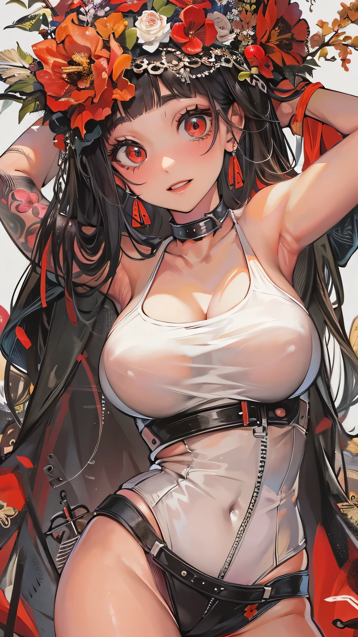 perfect anatomy, masterpiece:1.4, best quality, 8k, beautiful detailed grow, daydreaming expression, full body (punk:1.3 girl style) (in a punk red one-piece) (solo straight black hair long hair femdom cute girl, 17 yo, detailed sexy red eyes, sexy smile, bigboobs), break, in the flower arrangement.