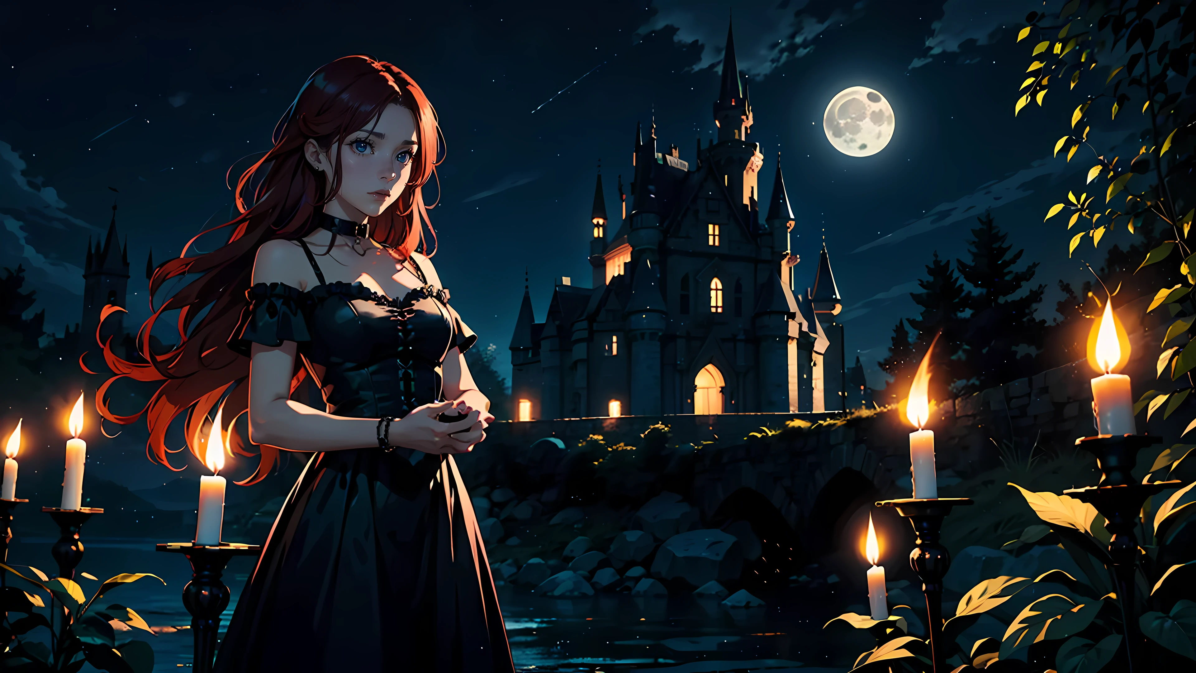 ((1girl)), long red hair, choker collar, bracelets, long dress, standing, cowboy shot, gothic castle, night, nighttime, moon, moonlight, candles, candlelight, dramatic lighting, cinematic lighting,