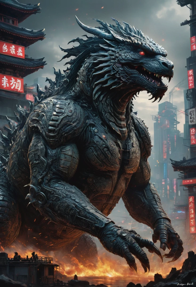 Godzilla, by Jeff Easley, best quality, masterpiece, very aesthetic, perfect composition, intricate details, ultra-detailed