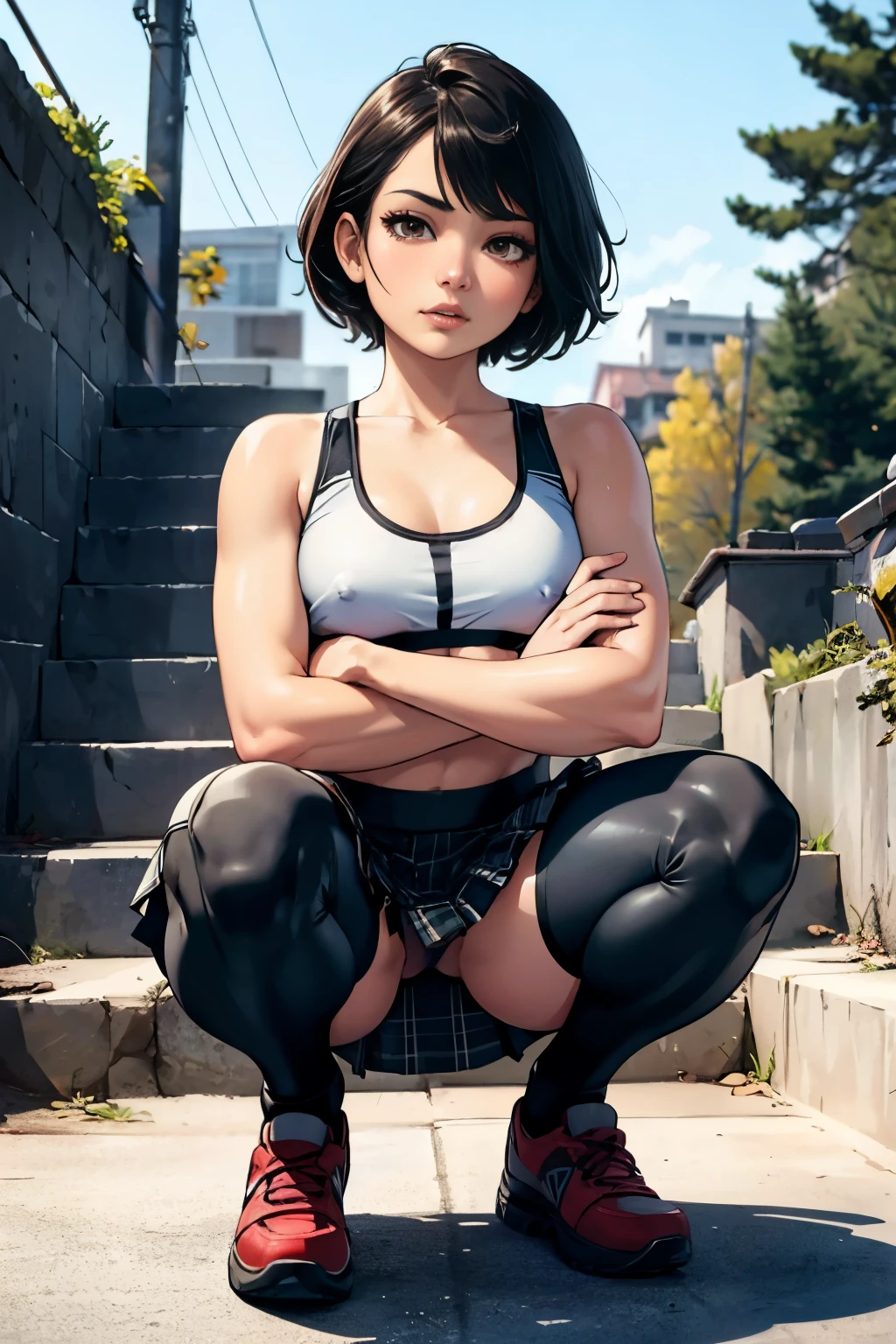 (Photographed with Canon EOS R5,Canon EF 24-70mm f/2.8L II,LED panel) , realistic, BREAK,
solo focus, (full body shot:1.4), BREAK,
(1girl, flat chest :1.4), (high resolution detail of human skin texture : 1.5), (eyes are red and swollen),
(1 Japanese girl ), brown eyes, nipples, hetero, parted lips,
spread legs, flat chest, lips,(:1.5),
perfectly proportions, breasts, looking at viewer, brown short hair, skinny body,
BREAK,
(wearing sports bra, wearing short spats pants under skirt :1.4), (Bare legs:1.4), (black short spats pants:1.4),(plaid skirt:1.4),
(Do not expose upper body, Do not take off skirt:1.4),
BREAK,
(squatting on stairs:1.5),
(crossed arms :1.4),
outdoors,
BREAK,