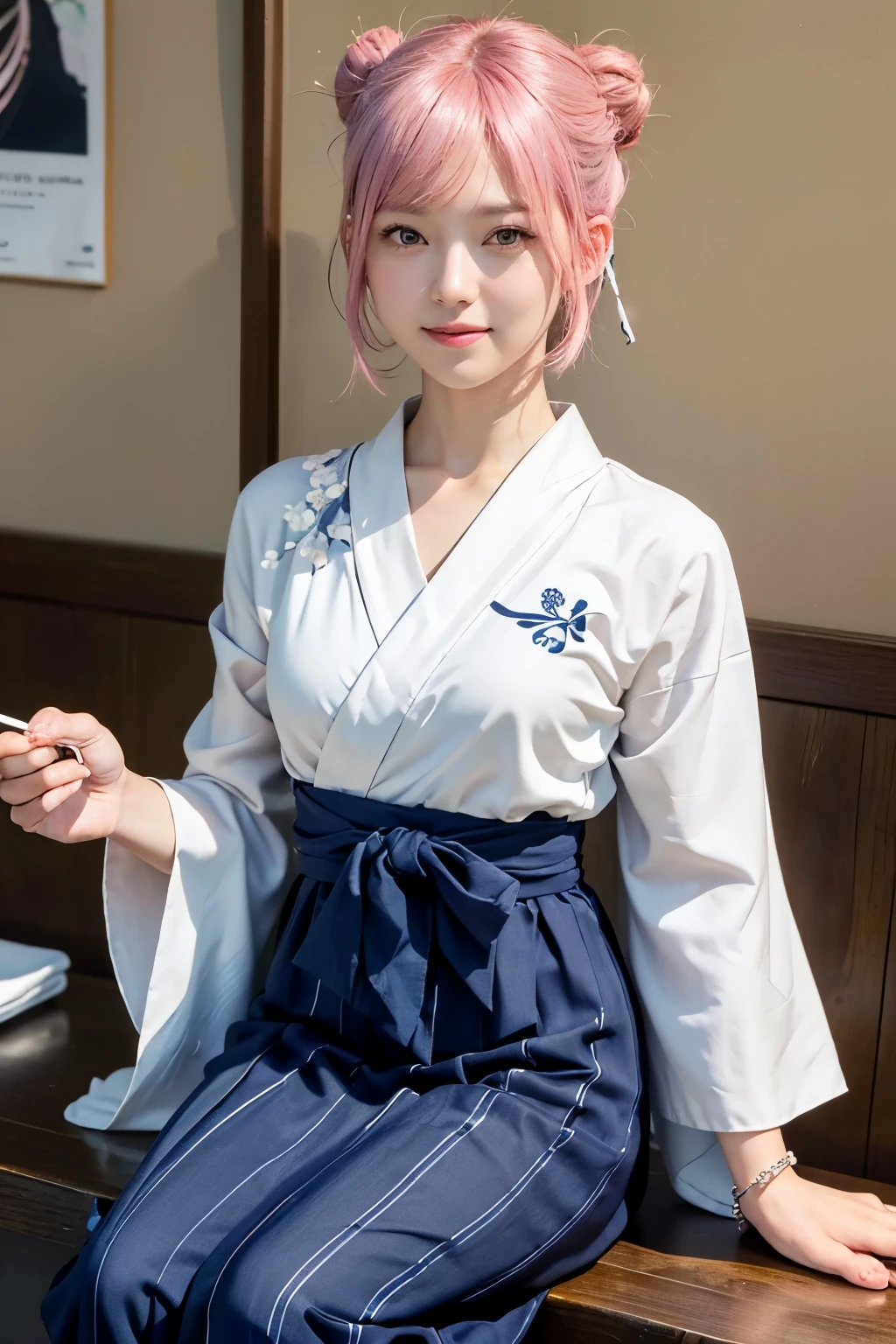 (8K, highest quality, masterpiece:1,2), (realistic, Photoreal:1.37), Super detailed, one girl,), (very detailed), (beautiful detailed eyes), (highest qualityの), (Super detailed ), (masterpiece), (detailed face),20-year-old, ,1 girl, ((pink hair,very short hair)), medium breasts, dressed, perfect lighting, break (navy blue haori:1.3), (white collar:1.2), (three quarter sleeves:1.2), (white kimono:1.4), (nature motif pattern:1.2), (navy blue hakama:1.3), (Ankle length:1.2), (The hem is not too wide:1.2), (white obi:1.4), (simple knot:1.2), (white foot bag:1.2), (Black geta:1.2), (low height:1.2), (Easy to walk:1.2), (bun hair:1.2), (hair ornaments:1.2), (Flowers and strips of paper:1.2), break bun hair, Flowers and strips of paper hair ornaments, smile, friendly, looking at camera, hold soba with right hand, Holding chopsticks with left hand, Do not put sauce on soba, In front of the soba shop counter, Wall with menu and photos, Natural light, soft shadow on the face