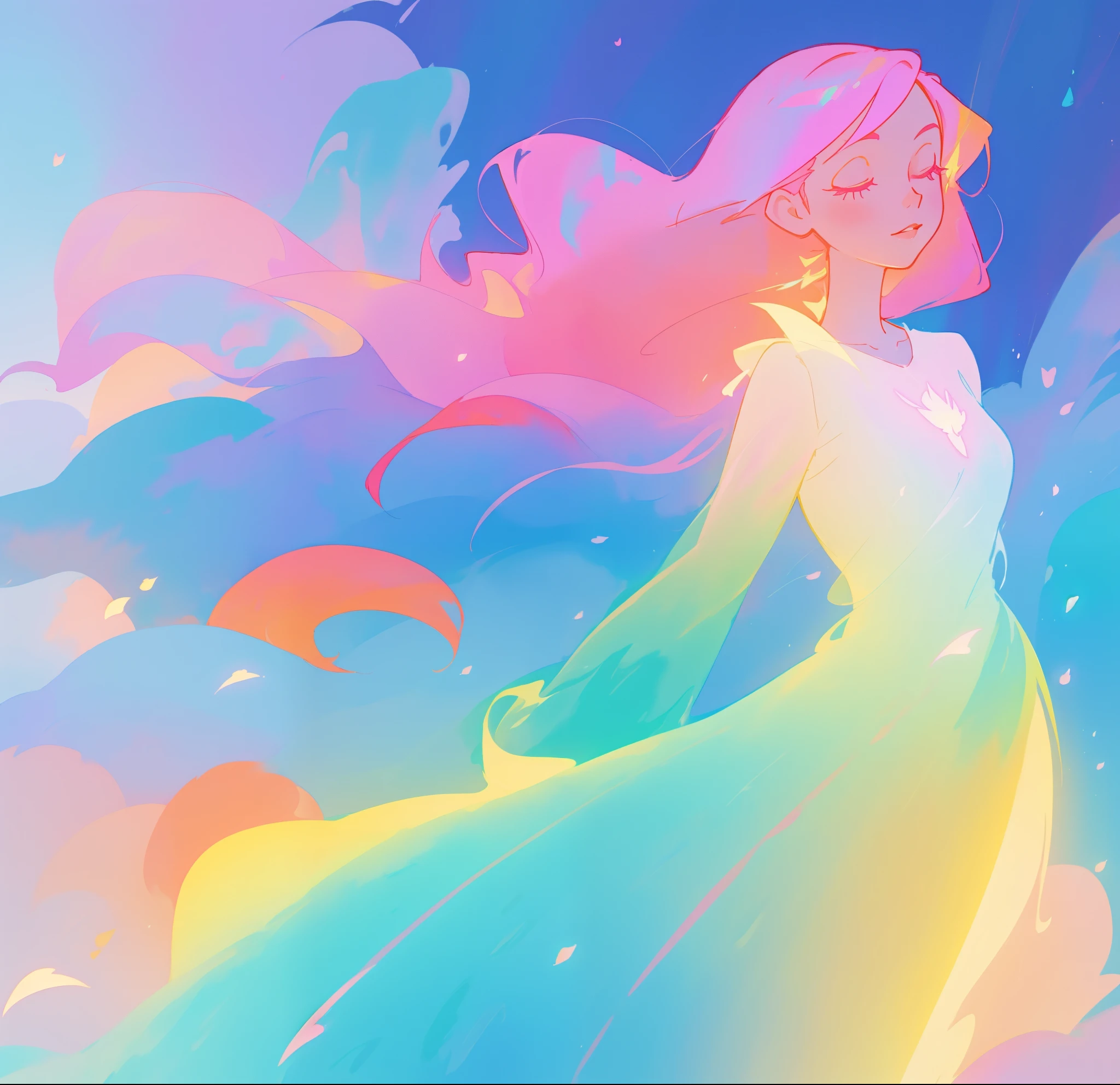 beautiful girl in flowing multi-color gradient dress, long flowing colorful pink hair, watercolor illustration, inspired by Glen Keane, inspired by Lois van Baarle, disney art style, by Lois van Baarle, glowing aura around her, by Glen Keane, jen bartel, glowing lights! digital painting, flowing glowing hair, glowing flowing hair, beautiful digital illustration, fantasia otherworldly landscape plants flowers, beautiful, masterpiece, best quality, anime disney style