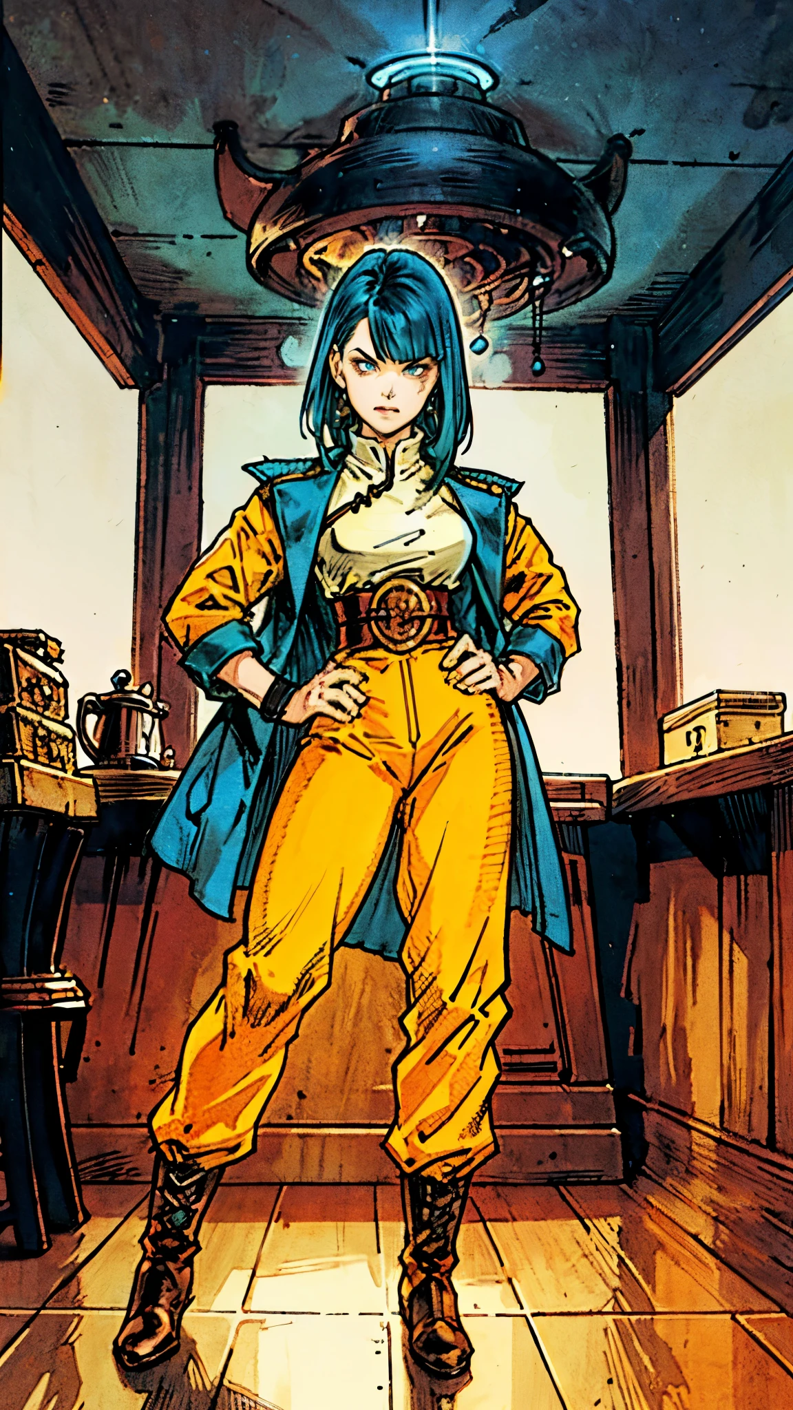 ((A young woman with flowing long dark blue hair, long side part bangs covering the right side of her face, sharp upward-arched thick eyebrows, large expressive eyes, a delicate oval face, a sensual wide mouth, a mocking expression, a fantasy martial arts-style emerald green short jacket with a blue undershirt, a high collar, rolled-up sleeves, matching fabric pants, a yellow waist belt, leather combat boots, one hand rests on her hip, surrounded by a cyan energy aura, standing in a fantasy style Chinese tavern)), this character embodies a finely crafted a fantasy martial arts heroine in anime style, exquisite and mature manga art style, pale skin, high definition, best quality, highres, ultra-detailed, ultra-fine painting, extremely delicate, professional, anatomically correct, symmetrical face, extremely detailed eyes and face, high quality eyes, creativity, RAW photo, UHD, 32k, Natural light, cinematic lighting, masterpiece-anatomy-perfect, masterpiece:1.5