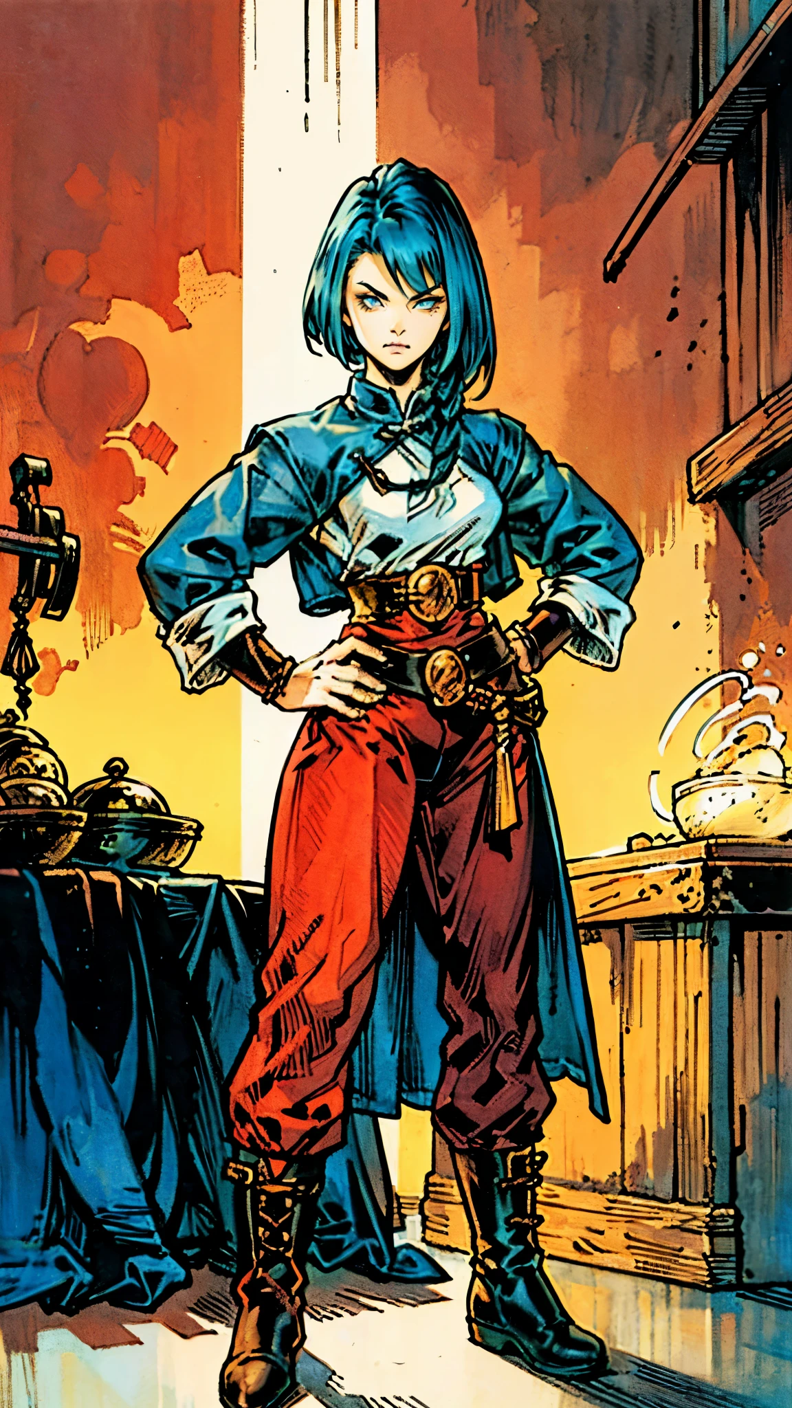 ((A young woman with flowing long dark blue hair, long side part bangs covering the right side of her face, sharp upward-arched thick eyebrows, large expressive eyes, a delicate oval face, a sensual wide mouth, a mocking expression, a fantasy martial arts-style emerald green short jacket with a blue undershirt, a high collar, rolled-up sleeves, matching fabric pants, a yellow waist belt, leather combat boots, one hand rests on her hip, surrounded by a cyan energy aura, standing in a fantasy style Chinese tavern)), this character embodies a finely crafted a fantasy martial arts heroine in anime style, exquisite and mature manga art style, pale skin, high definition, best quality, highres, ultra-detailed, ultra-fine painting, extremely delicate, professional, anatomically correct, symmetrical face, extremely detailed eyes and face, high quality eyes, creativity, RAW photo, UHD, 32k, Natural light, cinematic lighting, masterpiece-anatomy-perfect, masterpiece:1.5