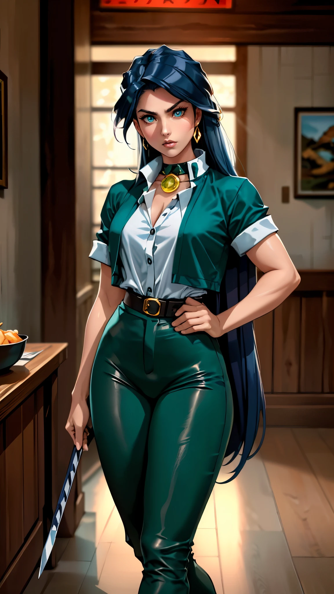 ((A young woman with flowing long dark blue hair, long side part bangs covering the right side of her face, sharp upward-arched thick eyebrows, large expressive eyes, a delicate oval face, a sensual wide mouth, a mocking expression, a fantasy martial arts-style emerald green short jacket with a blue undershirt, a high collar, rolled-up sleeves, matching fabric pants, a yellow waist belt, leather combat boots, one hand rests on her hip, surrounded by a cyan energy aura, standing in a fantasy style Chinese tavern)), this character embodies a finely crafted a fantasy martial arts heroine in anime style, exquisite and mature manga art style, pale skin, high definition, best quality, highres, ultra-detailed, ultra-fine painting, extremely delicate, professional, anatomically correct, symmetrical face, extremely detailed eyes and face, high quality eyes, creativity, RAW photo, UHD, 32k, Natural light, cinematic lighting, masterpiece-anatomy-perfect, masterpiece:1.5
