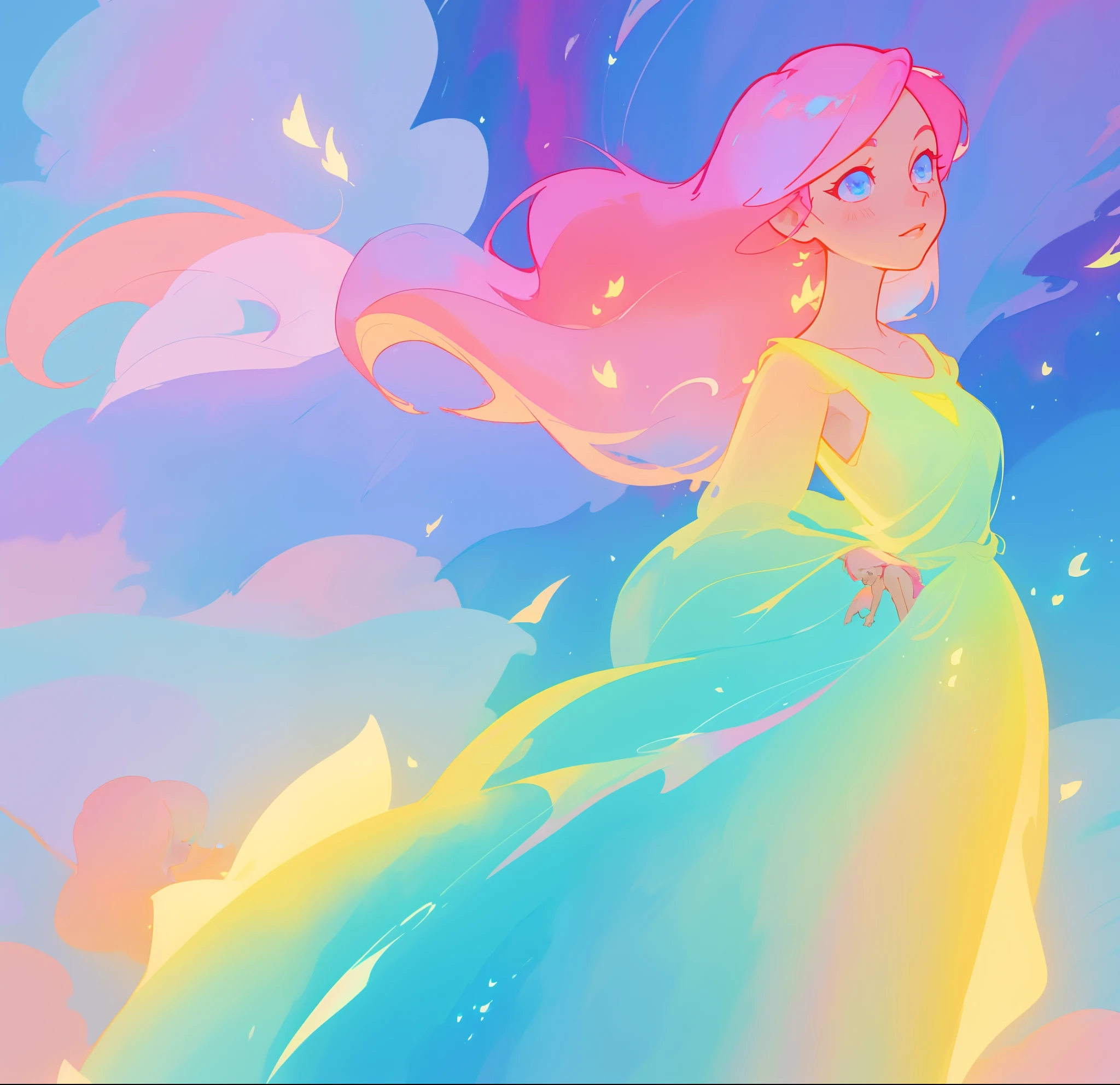 beautiful girl in flowing multi-color gradient dress, long flowing colorful pink hair, watercolor illustration, inspired by Glen Keane, inspired by Lois van Baarle, disney art style, by Lois van Baarle, glowing aura around her, by Glen Keane, jen bartel, glowing lights! digital painting, flowing glowing hair, glowing flowing hair, beautiful digital illustration, fantasia otherworldly landscape plants flowers, beautiful, masterpiece, best quality, anime disney style