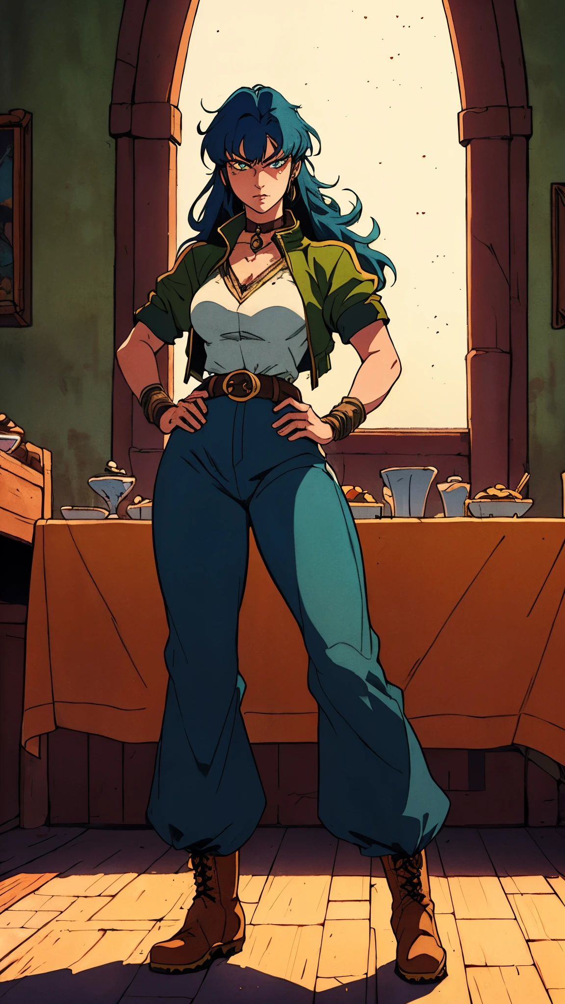 ((A young woman with flowing long dark blue hair, long side part bangs covering the right side of her face, sharp upward-arched thick eyebrows, large expressive eyes, a delicate oval face, a sensual wide mouth, a mocking expression, a fantasy martial arts-style emerald green short jacket with a blue undershirt, a high collar, rolled-up sleeves, matching fabric pants, a yellow waist belt, leather combat boots, one hand rests on her hip, surrounded by a cyan energy aura, standing in a fantasy style Chinese tavern)), this character embodies a finely crafted a fantasy martial arts heroine in anime style, exquisite and mature manga art style, pale skin, high definition, best quality, highres, ultra-detailed, ultra-fine painting, extremely delicate, professional, anatomically correct, symmetrical face, extremely detailed eyes and face, high quality eyes, creativity, RAW photo, UHD, 32k, Natural light, cinematic lighting, masterpiece-anatomy-perfect, masterpiece:1.5
