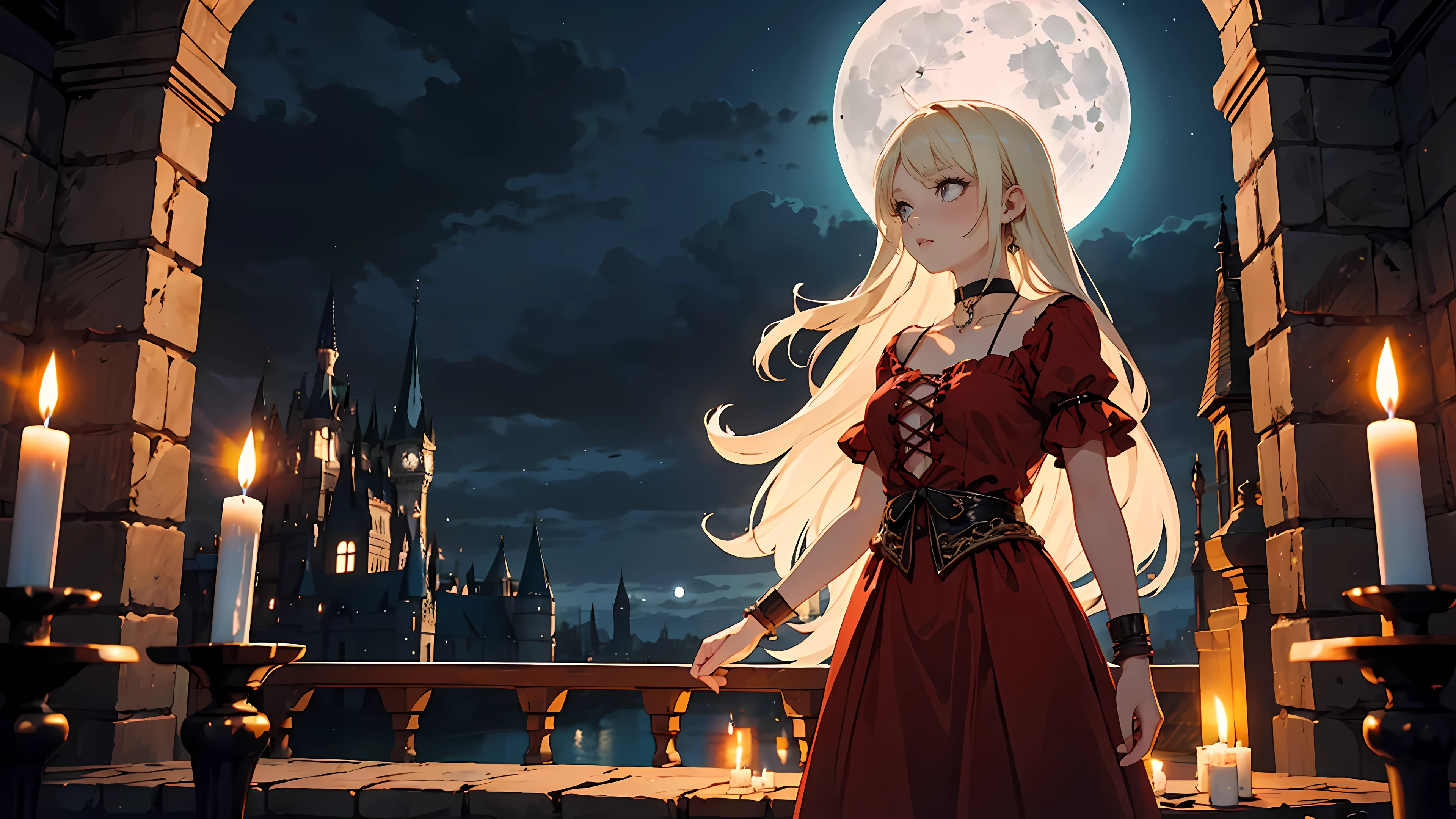 ((1girl)), long blonde hair, choker collar, bracelets, long red dress, standing, cowboy shot, gothic castle, night, nighttime, moon, moonlight, candles, candlelight, dramatic lighting, cinematic lighting,