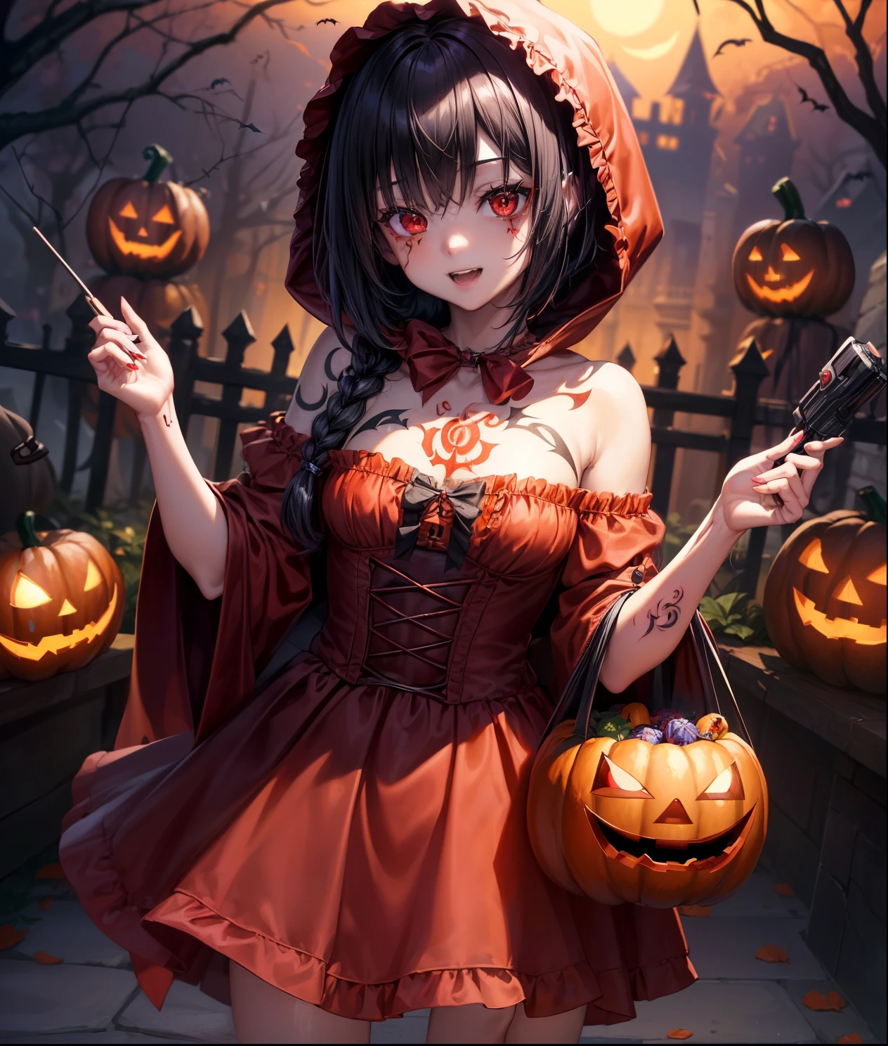 top-quality、Top image quality、in 8K,4K,​masterpiece、(NSFW:1.1)、ultra-detailliert、Beautiful、ultra-quality、adult-like、Cool、girl with(((18year old、Halloween Costumes、Little Red Riding Hood 1:3、Have a jack-o'-lantern、Bust 78、silber hair、a short bob、Red Eyes、erotick:1.4、Happiness、The tattoo)))、hiquality、visualart、Background with((Halloween 1.3))、masutepiece