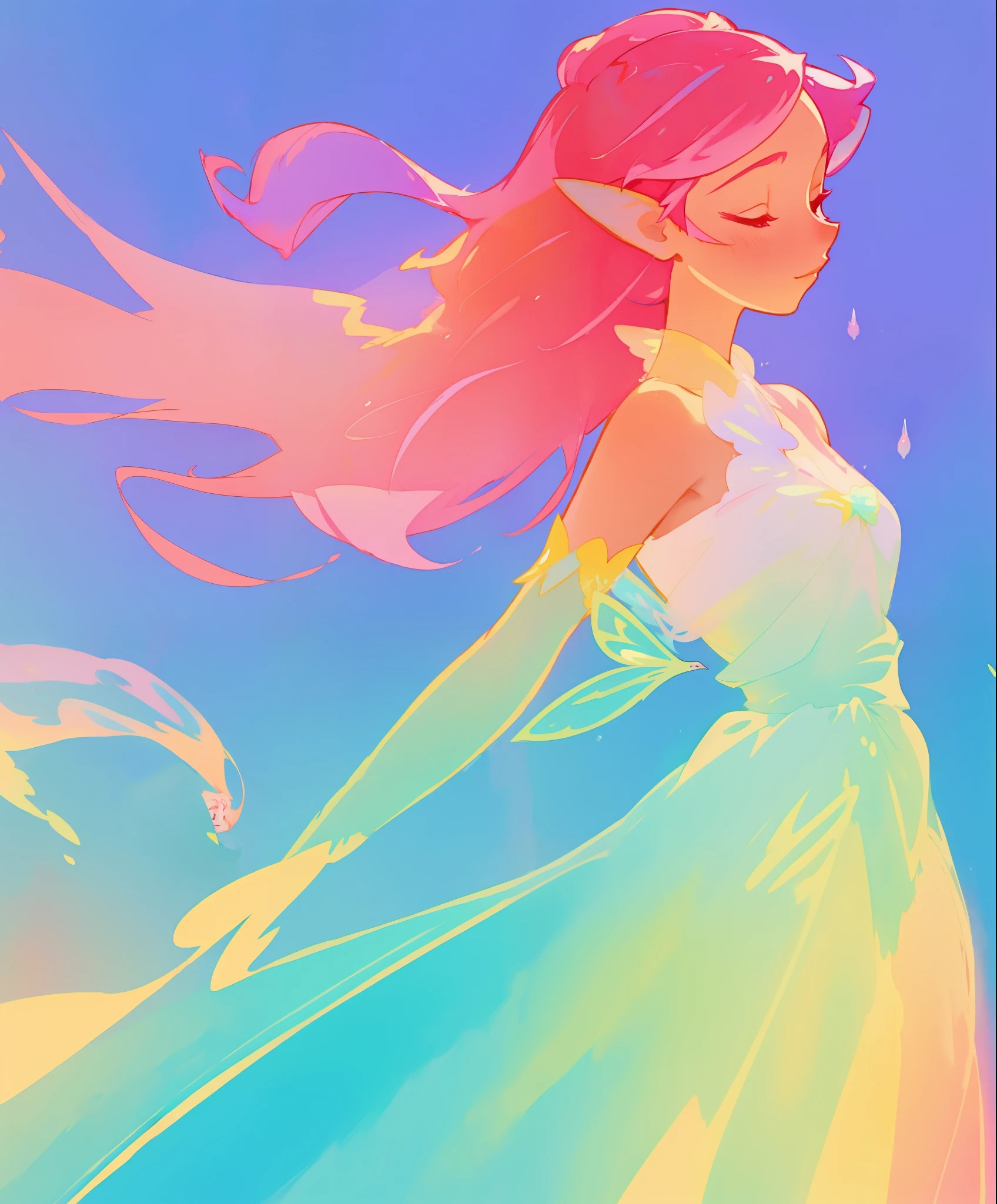 beautiful fairy girl in colorful gradient princess ballgown, fairy wings, fairy princess, long flowing red pink hair, colorful fantasia background, watercolor illustration, disney art style, beautiful digital illustration, beautiful, masterpiece, best quality, anime disney style, beautiful face