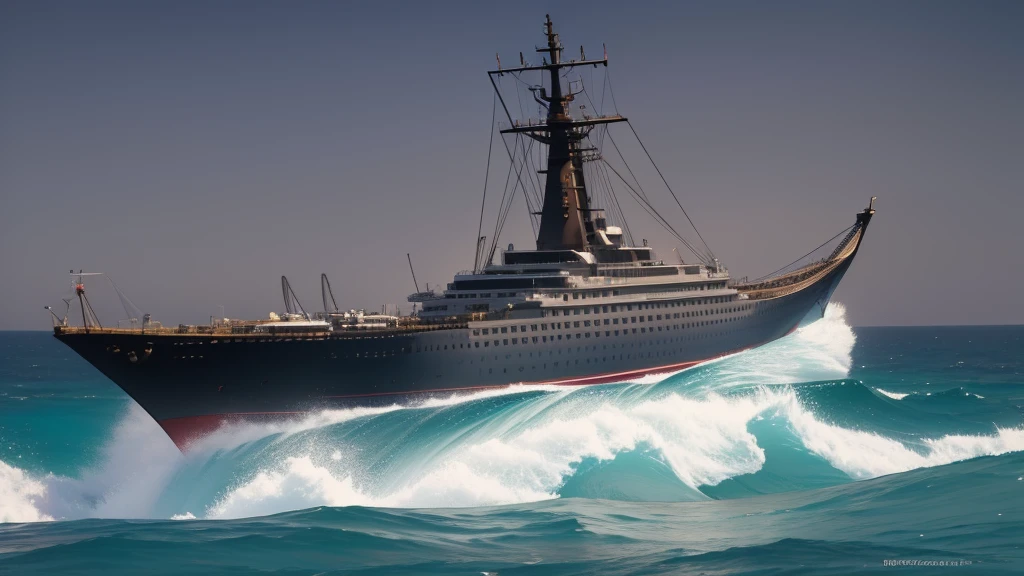 Best Quality, Masterpiece, Ultra High Resolution, (Realism: 1.4), (Film Grain: 1.3), Masterpiece, Best Quality, a lone ship, sail into the ocean, ((Deep dark ocean theme))