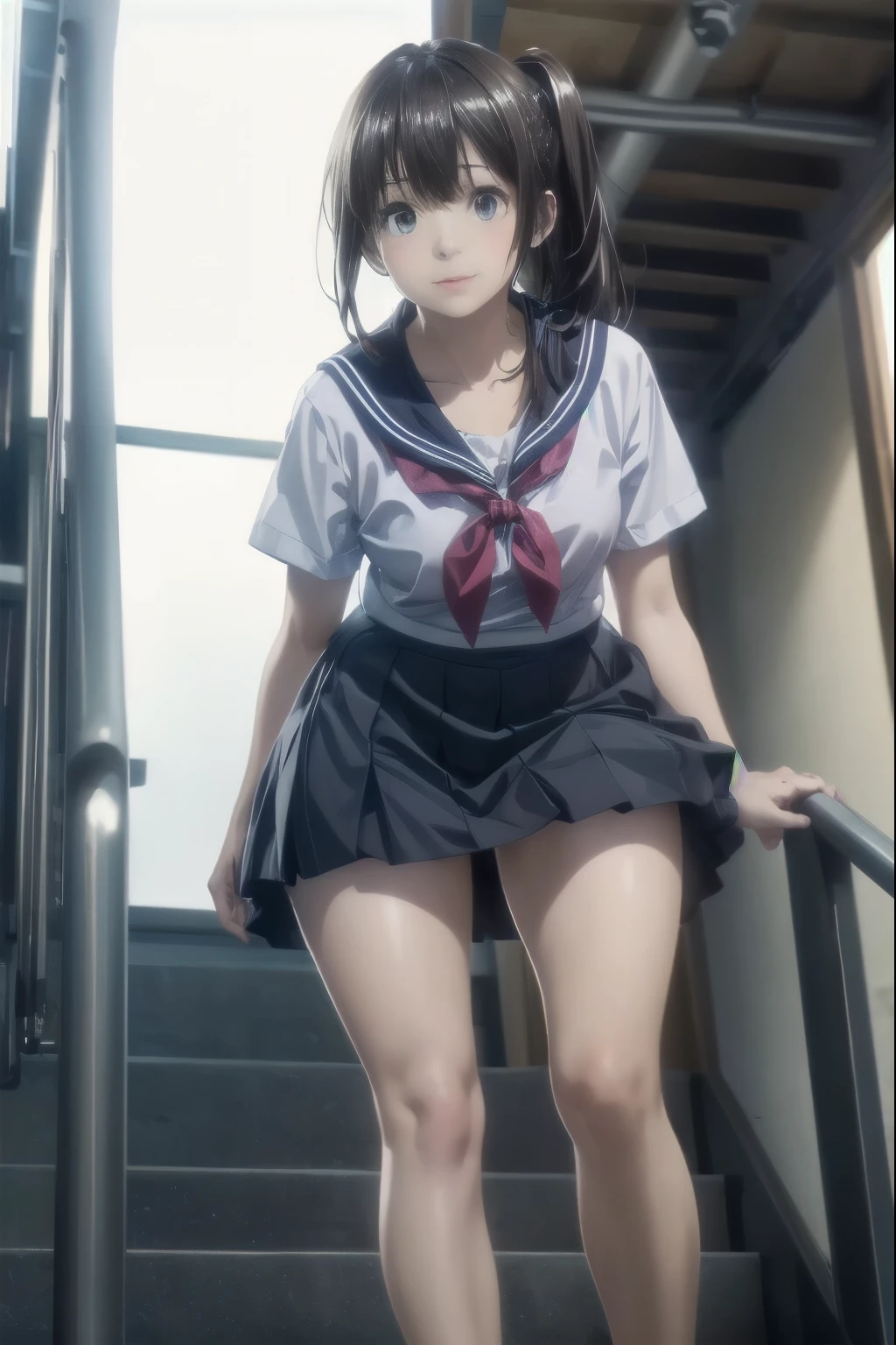 very cute and beautiful high school girl,(Highly detailed beautiful face and eyes:1.2),raw photo,realistic,loafers、sailor suit、
smile,black hair,(mini skirt),(from below:1.2),think back,from behind,leaning forward,(cowboy shot),beautiful feet,white panties,ponytail、
station stairs,
(highest quality,masterpiece:1.2),intricate details,High resolution,1 girl,alone,cinematic lighting,