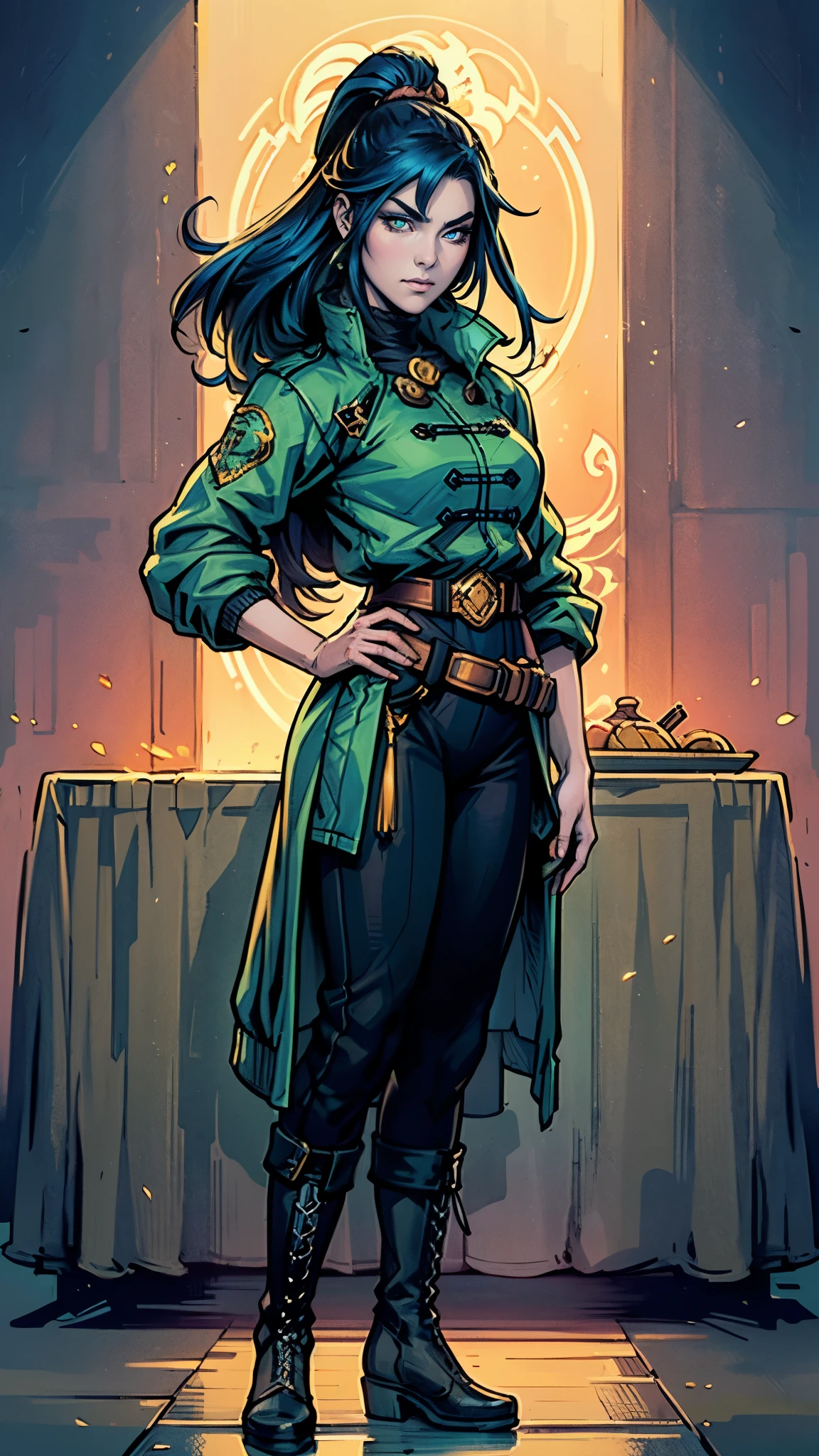 ((A young woman with flowing long dark blue hair, long side part bangs covering the right side of her face, sharp upward-arched thick eyebrows, large expressive eyes, a delicate oval face, a sensual wide mouth, a mocking expression, a fantasy martial arts-style emerald green short jacket with a blue undershirt, a high collar, rolled-up sleeves, matching fabric pants, a yellow waist belt, leather combat boots, one hand rests on her hip, surrounded by a cyan energy aura, standing in a fantasy style Chinese tavern)), this character embodies a finely crafted a fantasy martial arts heroine in anime style, exquisite and mature manga art style, pale skin, high definition, best quality, highres, ultra-detailed, ultra-fine painting, extremely delicate, professional, anatomically correct, symmetrical face, extremely detailed eyes and face, high quality eyes, creativity, RAW photo, UHD, 32k, Natural light, cinematic lighting, masterpiece-anatomy-perfect, masterpiece:1.5