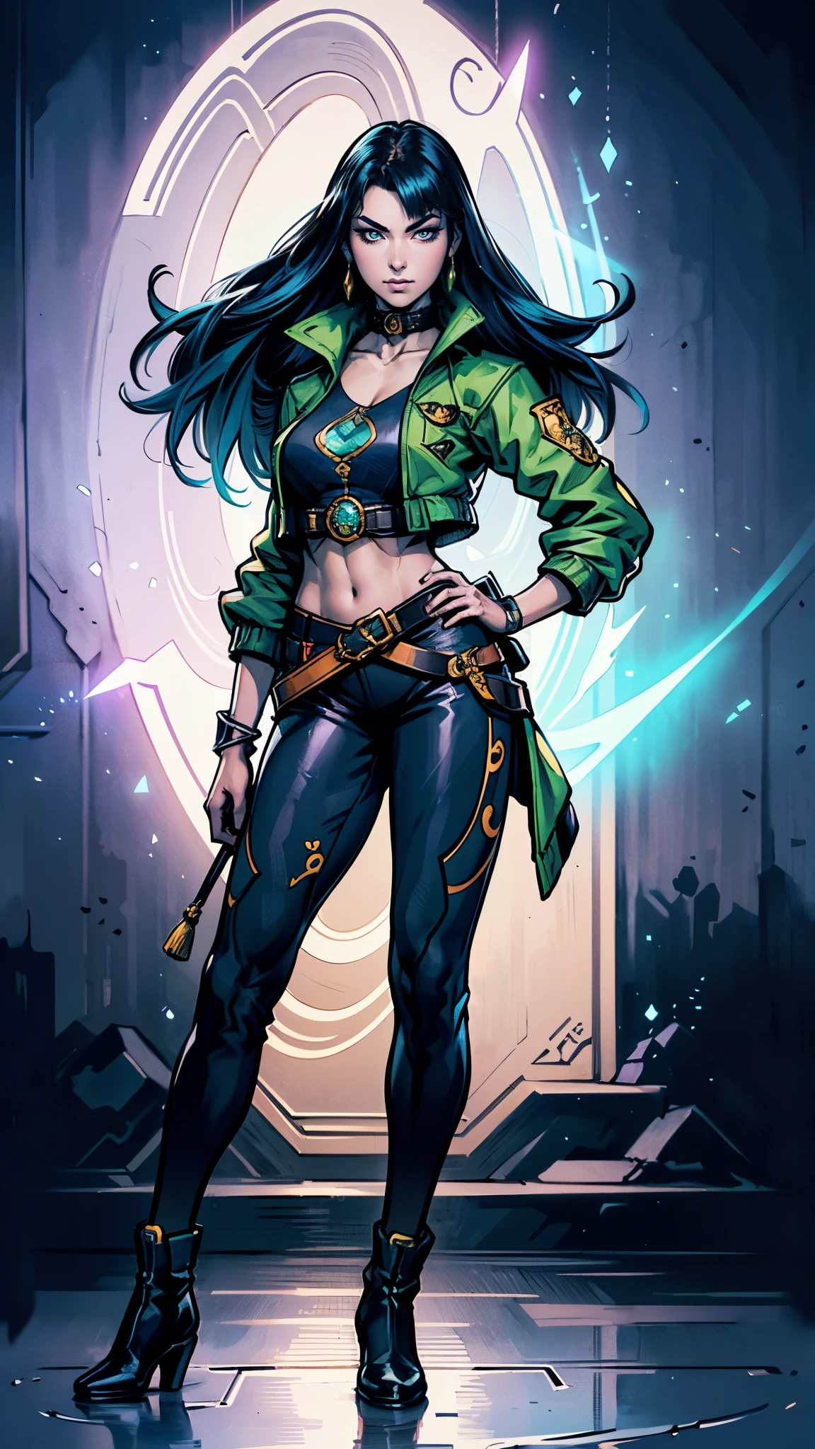 ((A young woman with flowing long dark blue hair, long side part bangs covering the right side of her face, sharp upward-arched thick eyebrows, large expressive eyes, a delicate oval face, a sensual wide mouth, a mocking expression, a fantasy martial arts-style emerald green short jacket with a blue undershirt, a high collar, rolled-up sleeves, matching fabric pants, a yellow waist belt, leather combat boots, one hand rests on her hip, surrounded by a cyan energy aura, standing in a fantasy style Chinese tavern)), this character embodies a finely crafted a fantasy martial arts heroine in anime style, exquisite and mature manga art style, pale skin, high definition, best quality, highres, ultra-detailed, ultra-fine painting, extremely delicate, professional, anatomically correct, symmetrical face, extremely detailed eyes and face, high quality eyes, creativity, RAW photo, UHD, 32k, Natural light, cinematic lighting, masterpiece-anatomy-perfect, masterpiece:1.5