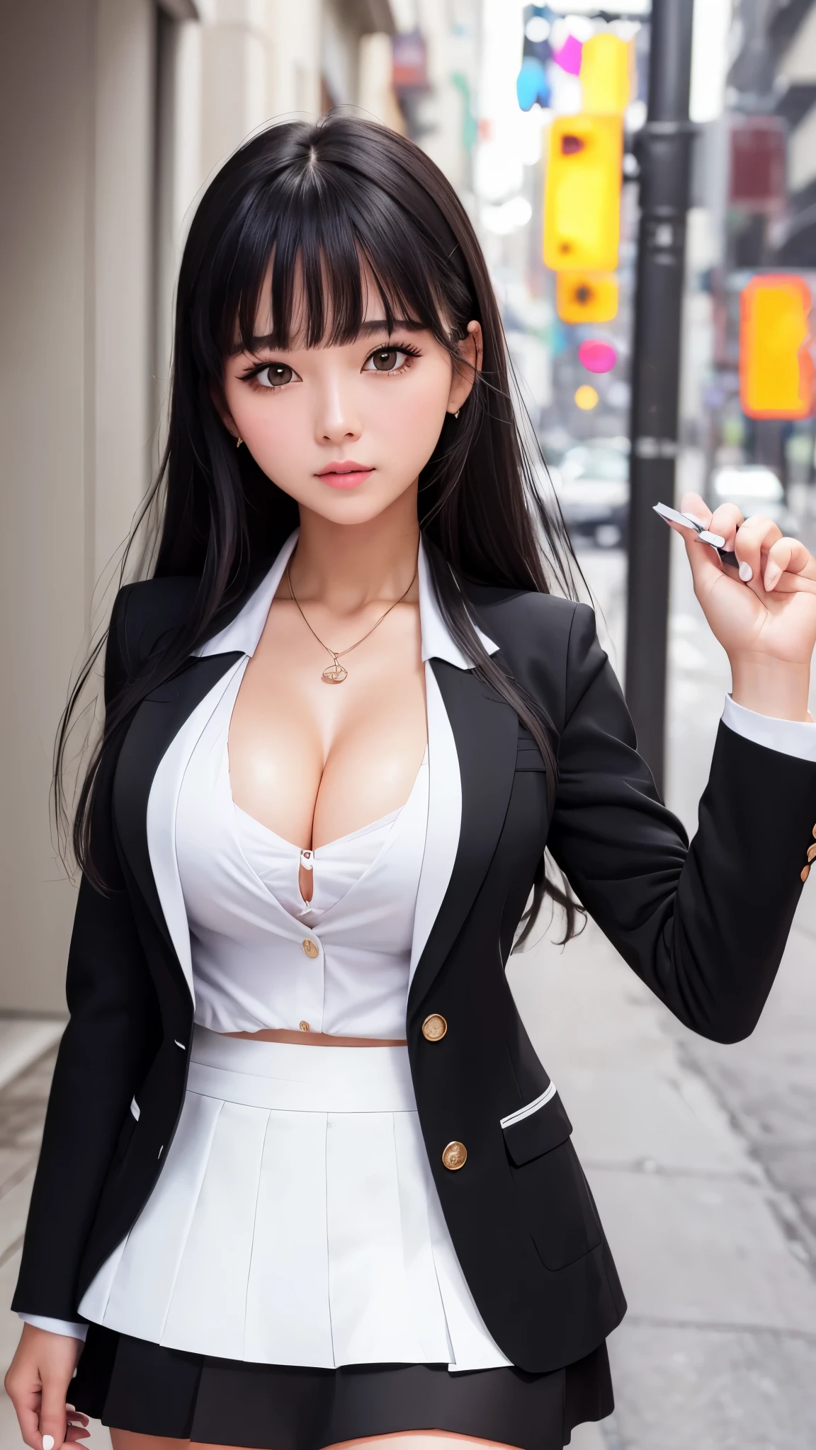 ((highest quality)), ((8k), (detailed face), (highlight), girl、cleavage、Align bangs、black hair、white skirt、blazer、