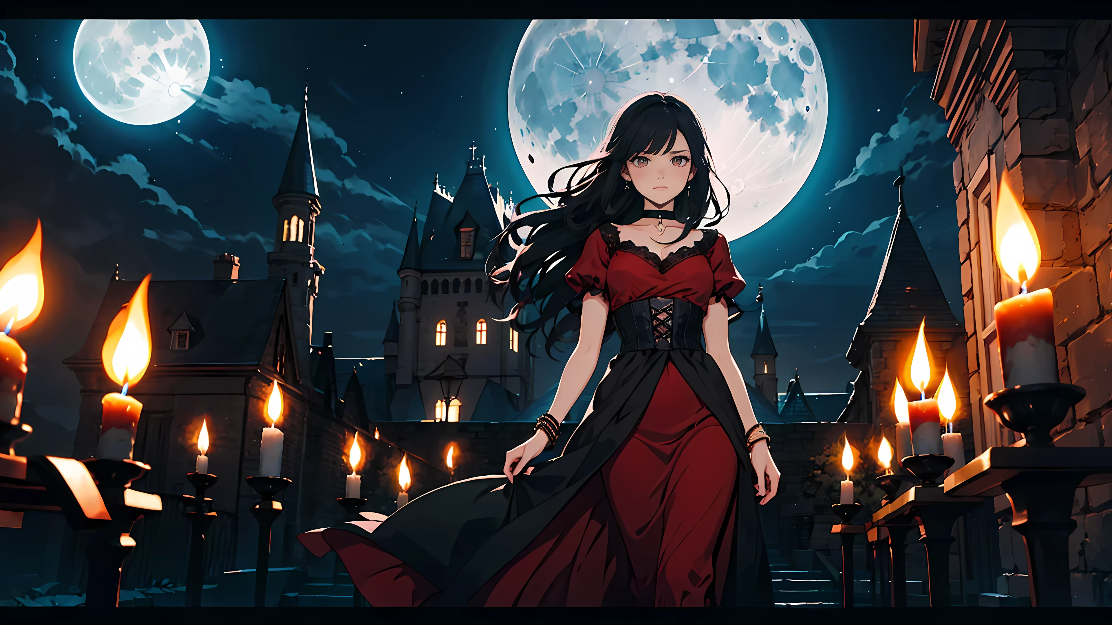((1girl)), long black hair, choker collar, bracelets, long red dress, standing, cowboy shot, gothic castle, night, nighttime, moon, moonlight, candles, candlelight, dramatic lighting, cinematic lighting,
