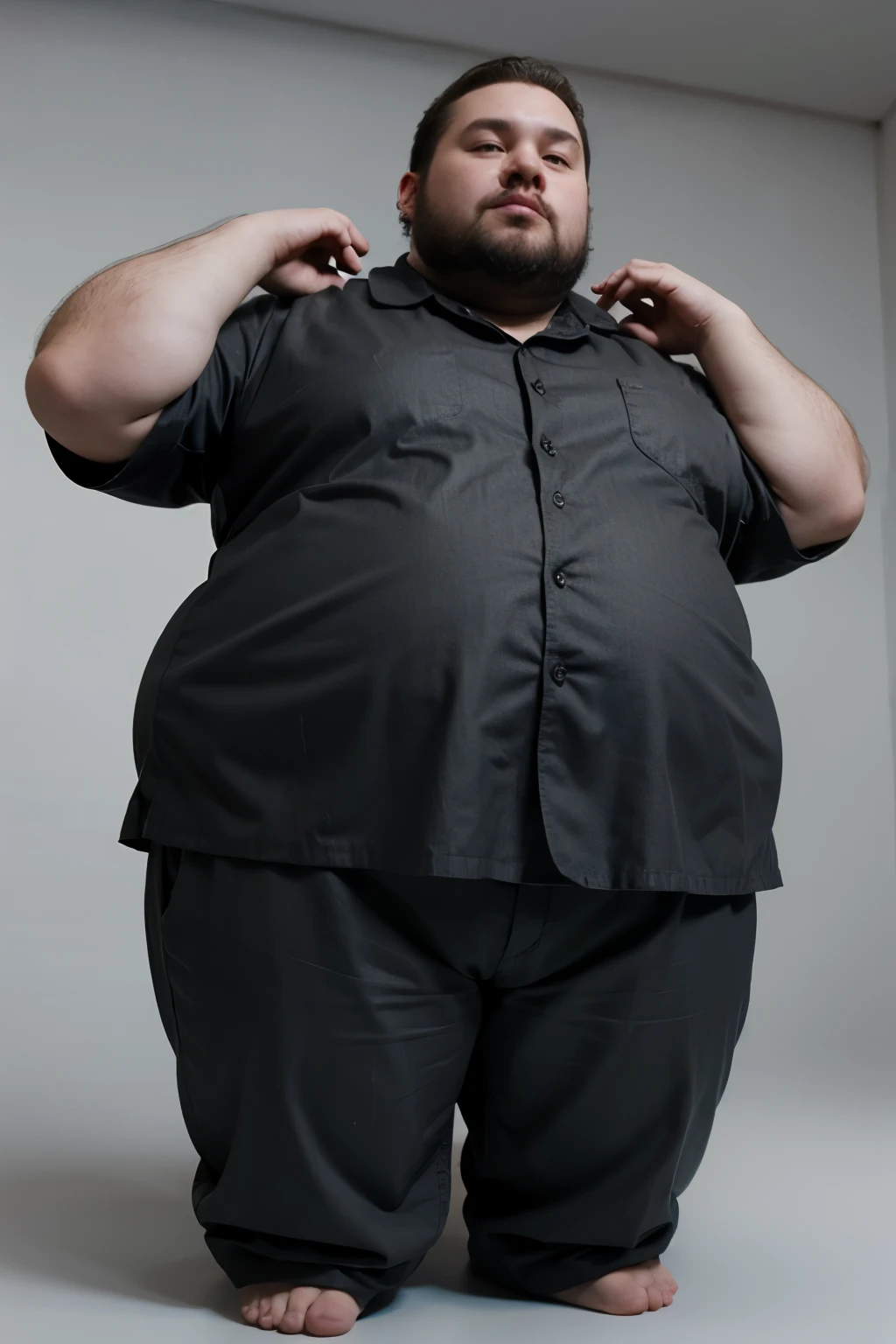 age 60, chubby man, Crotch contour, black suit, daddy, bear belly, bulge, open legs