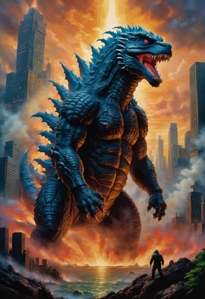 Godzilla, by Jeff Easley, best quality, masterpiece, very aesthetic, perfect composition, intricate details, ultra-detailed
