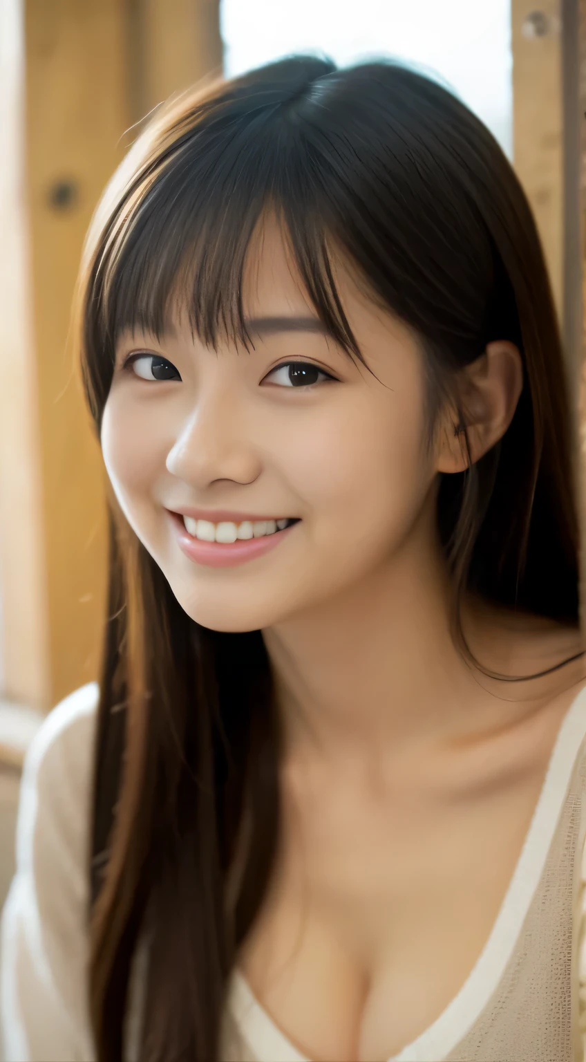 masterpiece,best quality,(Japanese ),((Beautiful girl)),cleavage,indoor,(perfect body beauty:1.2),(shy smile),beautiful teeth,