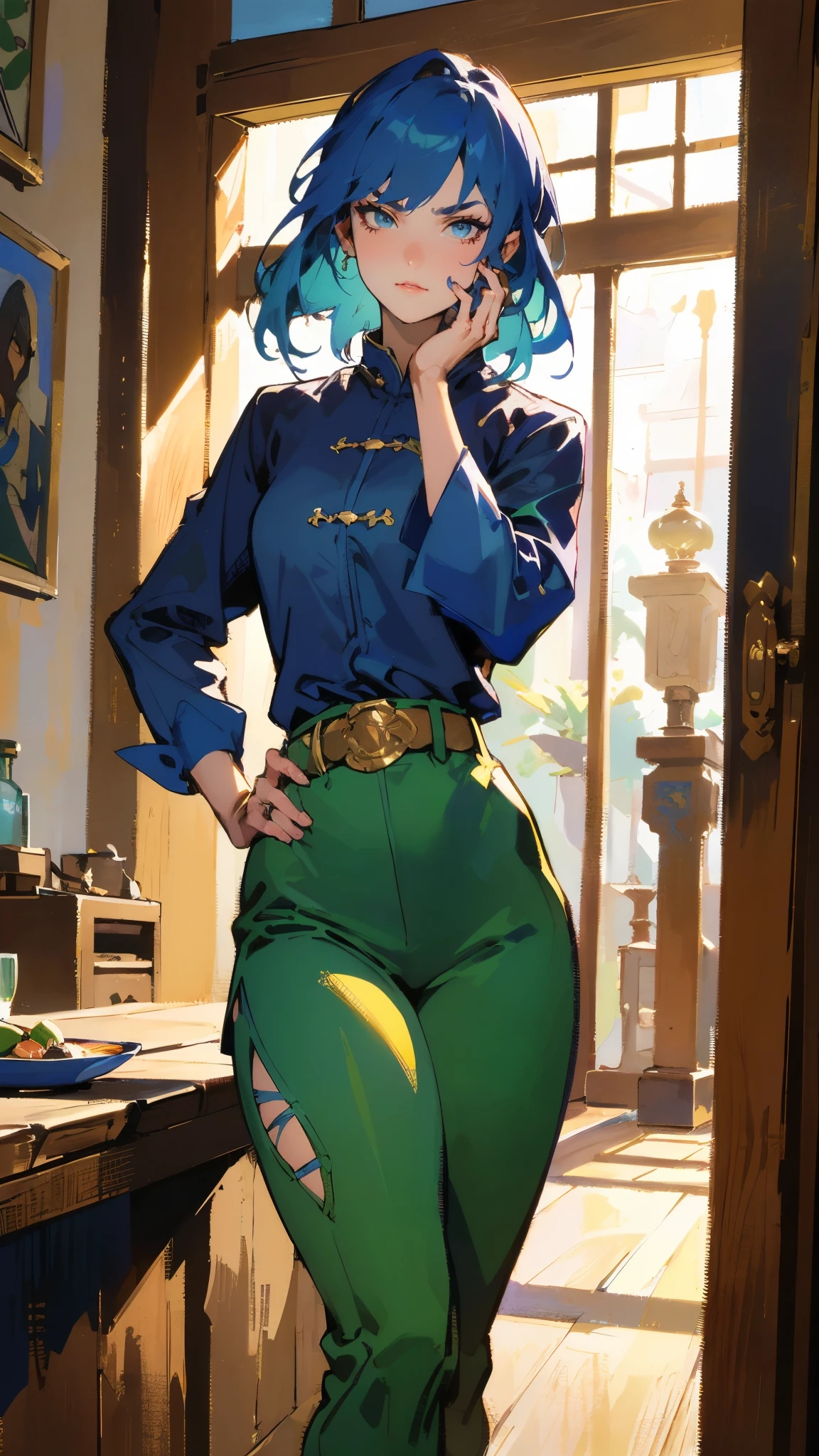 ((A young woman with flowing long dark blue hair, long side part bangs covering the right side of her face, sharp upward-arched thick eyebrows, large expressive eyes, a delicate oval face, a sensual wide mouth, a mocking expression, a fantasy martial arts-style emerald green short jacket with a blue undershirt, a high collar, rolled-up sleeves, matching fabric pants, a yellow waist belt, leather combat boots, one hand rests on her hip, surrounded by a cyan energy aura, standing in a fantasy style Chinese tavern)), this character embodies a finely crafted a fantasy martial arts heroine in anime style, exquisite and mature manga art style, pale skin, high definition, best quality, highres, ultra-detailed, ultra-fine painting, extremely delicate, professional, anatomically correct, symmetrical face, extremely detailed eyes and face, high quality eyes, creativity, RAW photo, UHD, 32k, Natural light, cinematic lighting, masterpiece-anatomy-perfect, masterpiece:1.5
