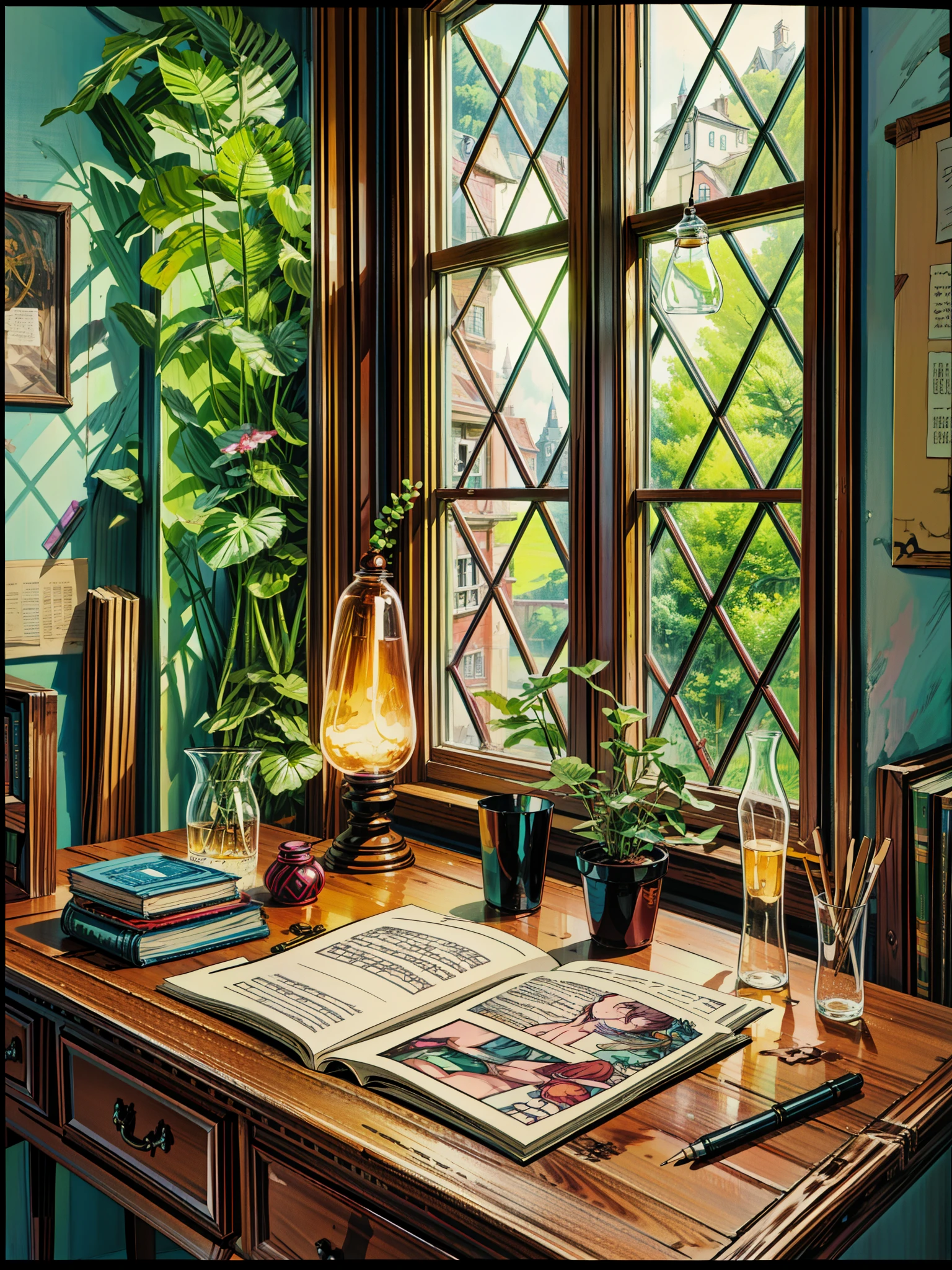 an open book sitting on top of a wooden desk, cozy cafe background, magic lab background, cozy home background, interior background art, happy ambience, alchemist library background, warmly lit posh study, open window ib background, cozy atmosphere, background hogwarts, detailed backgrounds, happy atmosphere, background art, warmly lit, classroom background, house background, personal room background, 4k hd,, beautiful art uhd 4 k, a beautiful artwork illustration, beautiful digital painting, highly detailed digital painting, beautiful digital artwork, detailed painting 4 k, very detailed digital painting, rich picturesque colors, gorgeous digital painting