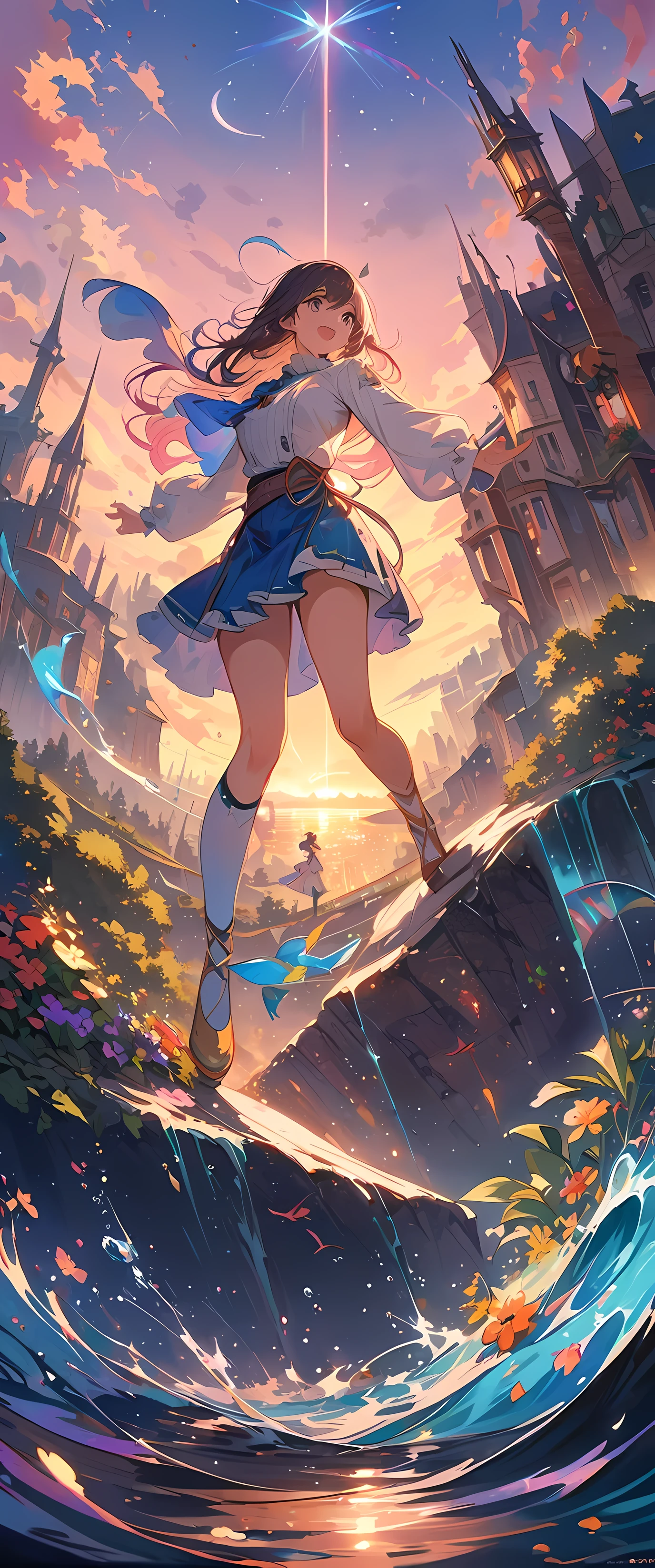 art officiel, fond d'unified 8k screen, super detailed, chef-d'artwork, Meilleure qualité d'image,super grand angle,evening,une femme,Debout dans l'pond,l'eau est comme un miroir,reflecting the sky。regarde vers le ciel,coucher de soleil coloré,Angle dynamique, Grace, Couleurs vives,